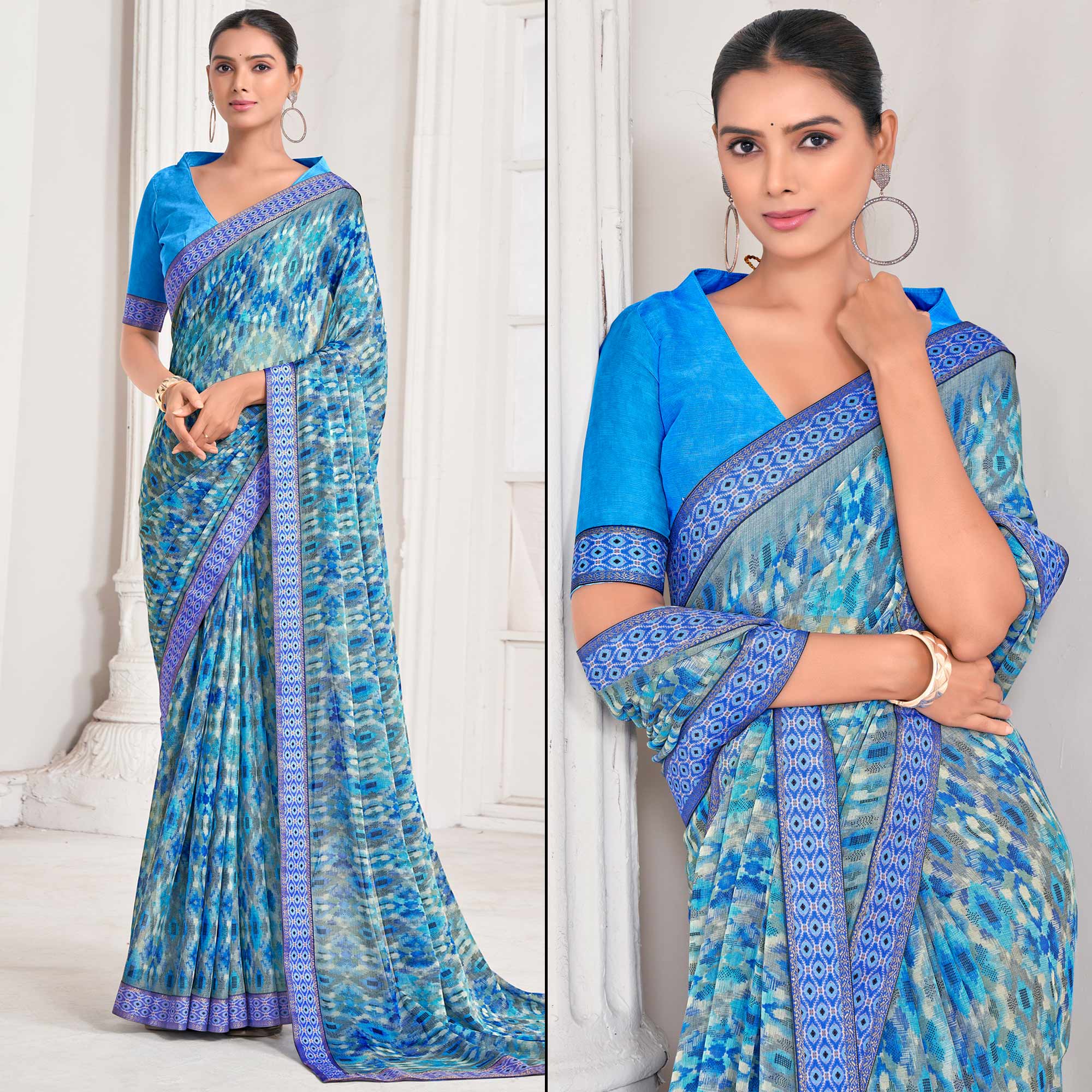Blue Printed Chiffon Saree With Lace Border
