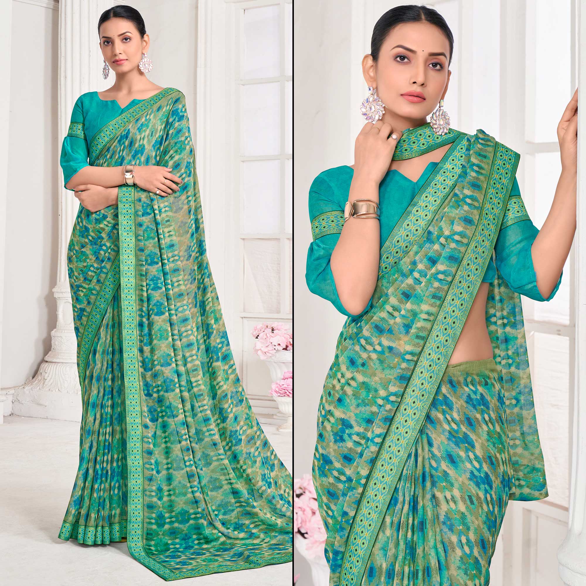 Turquoise Printed Chiffon Saree With Lace Border