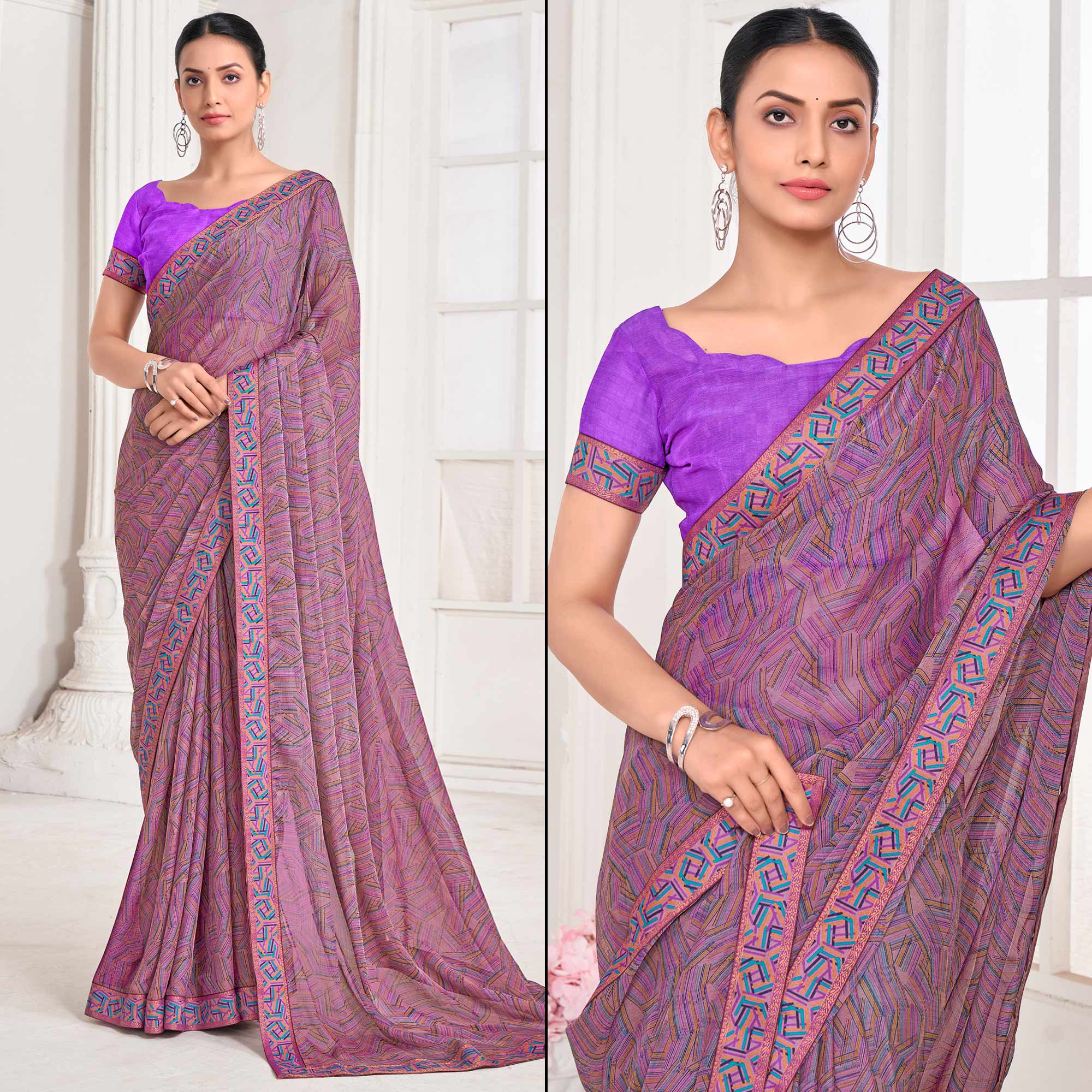 Purple Geometric Printed Chiffon Saree With Lace Border