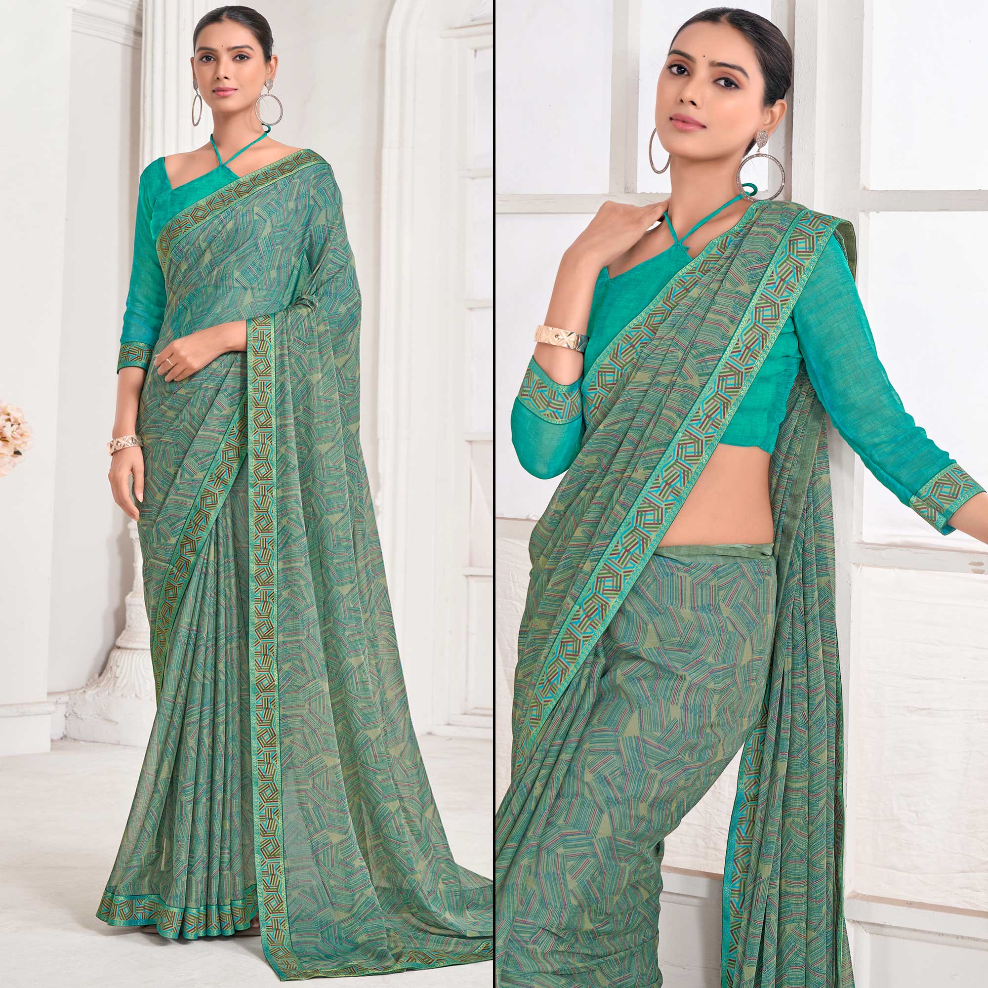 Green Geometric Printed Chiffon Saree With Lace Border