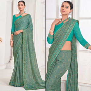 Green Geometric Printed Chiffon Saree With Lace Border