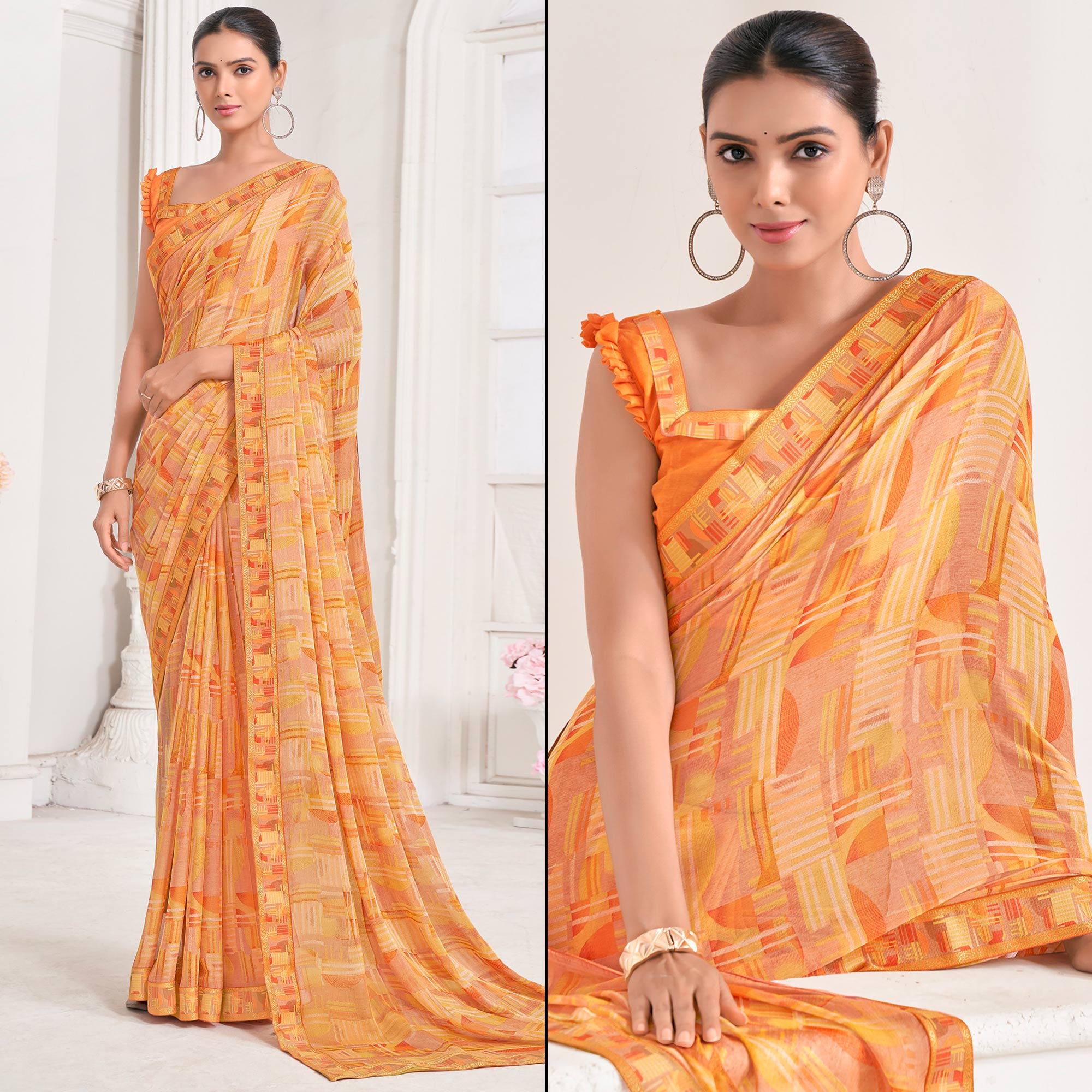 Yellow & Peach Geometric Printed Chiffon Saree With Lace Border