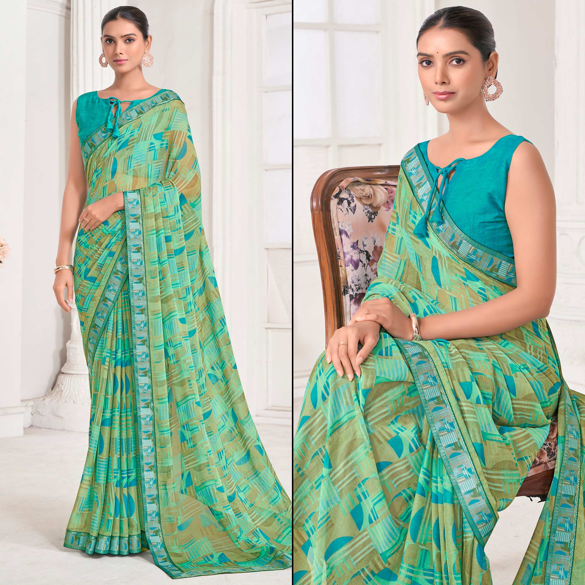 Green Geometric Printed Chiffon Saree With Lace Border