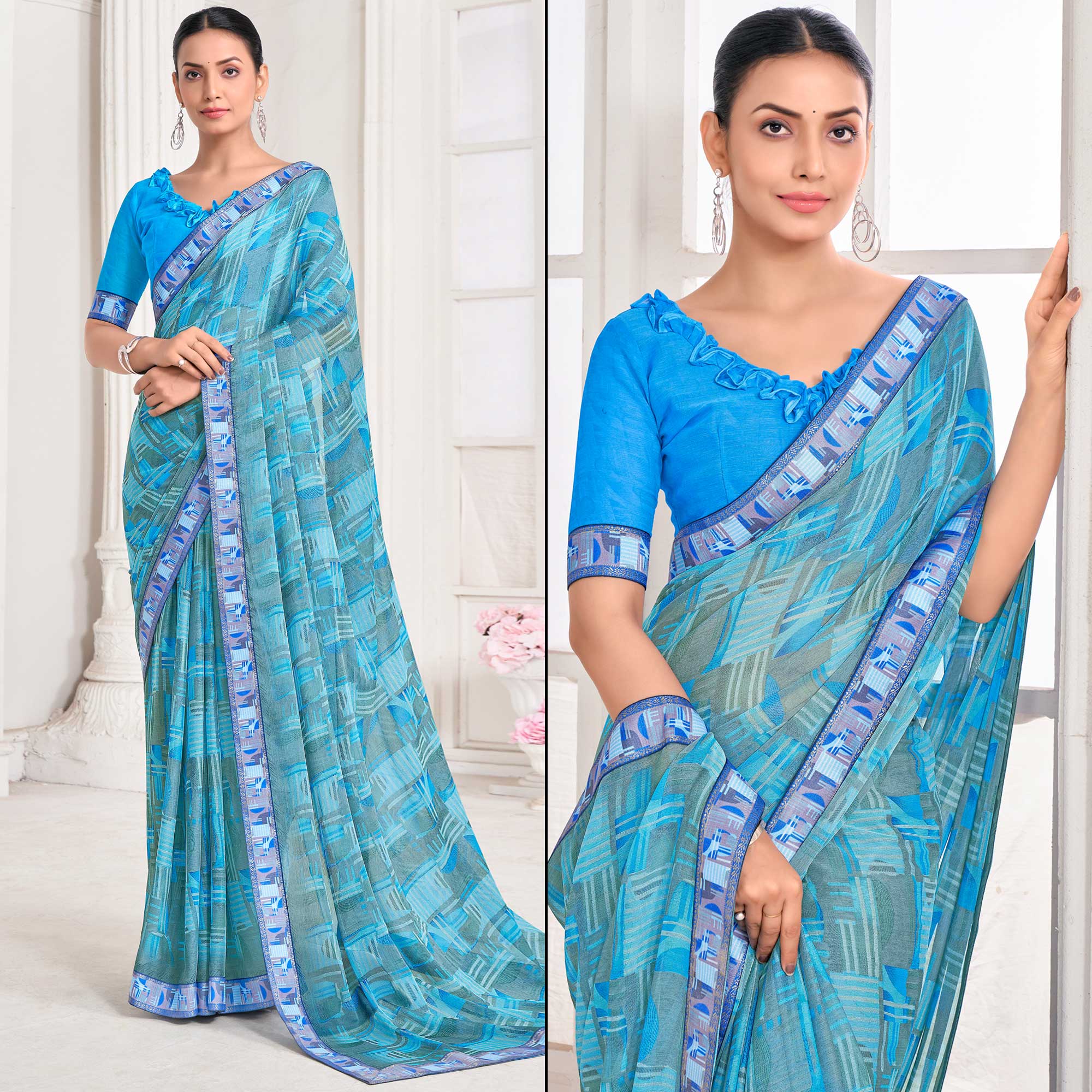 Sky Blue Geometric Printed Chiffon Saree With Lace Border
