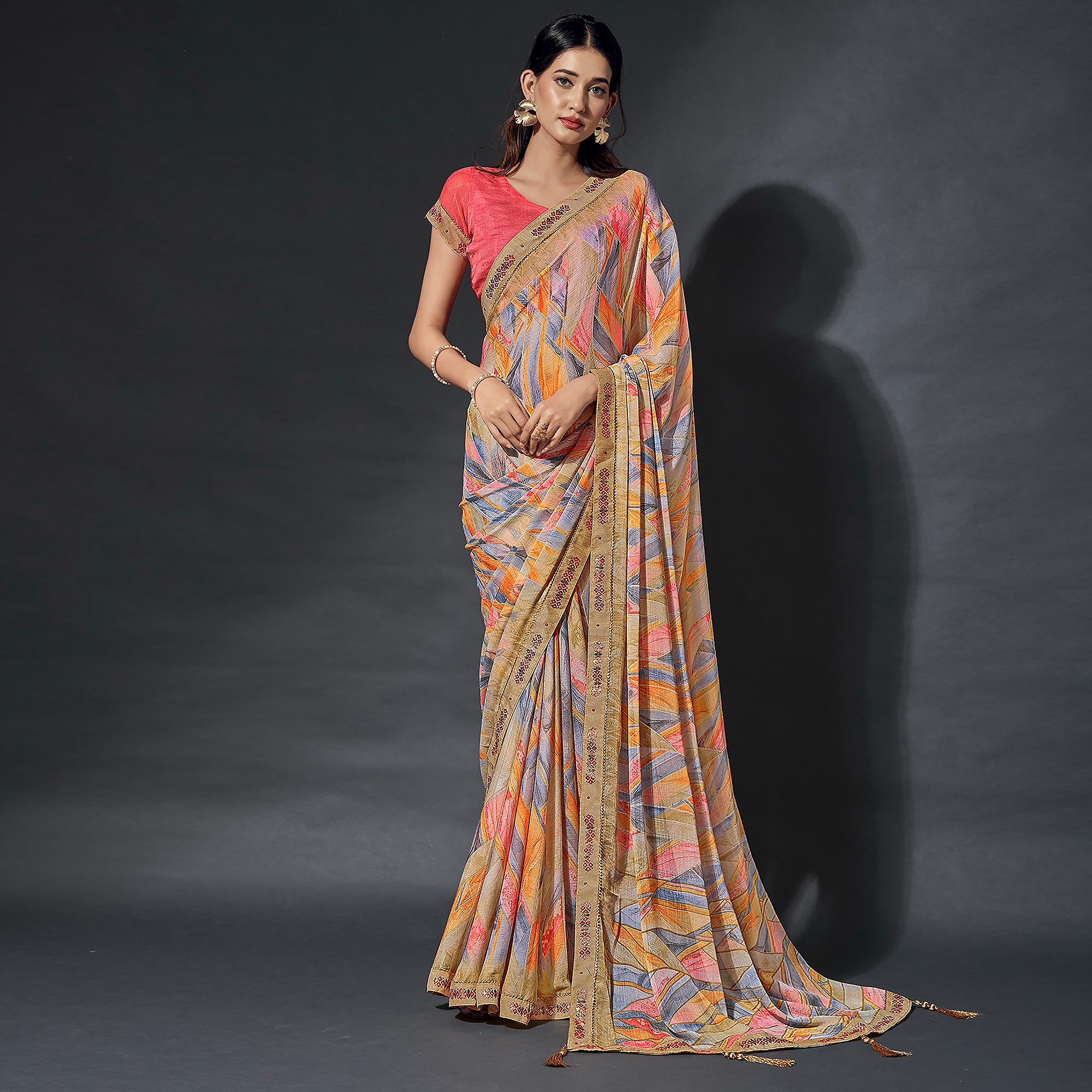 Chikoo Printed Chiffon Saree With Lace Border
