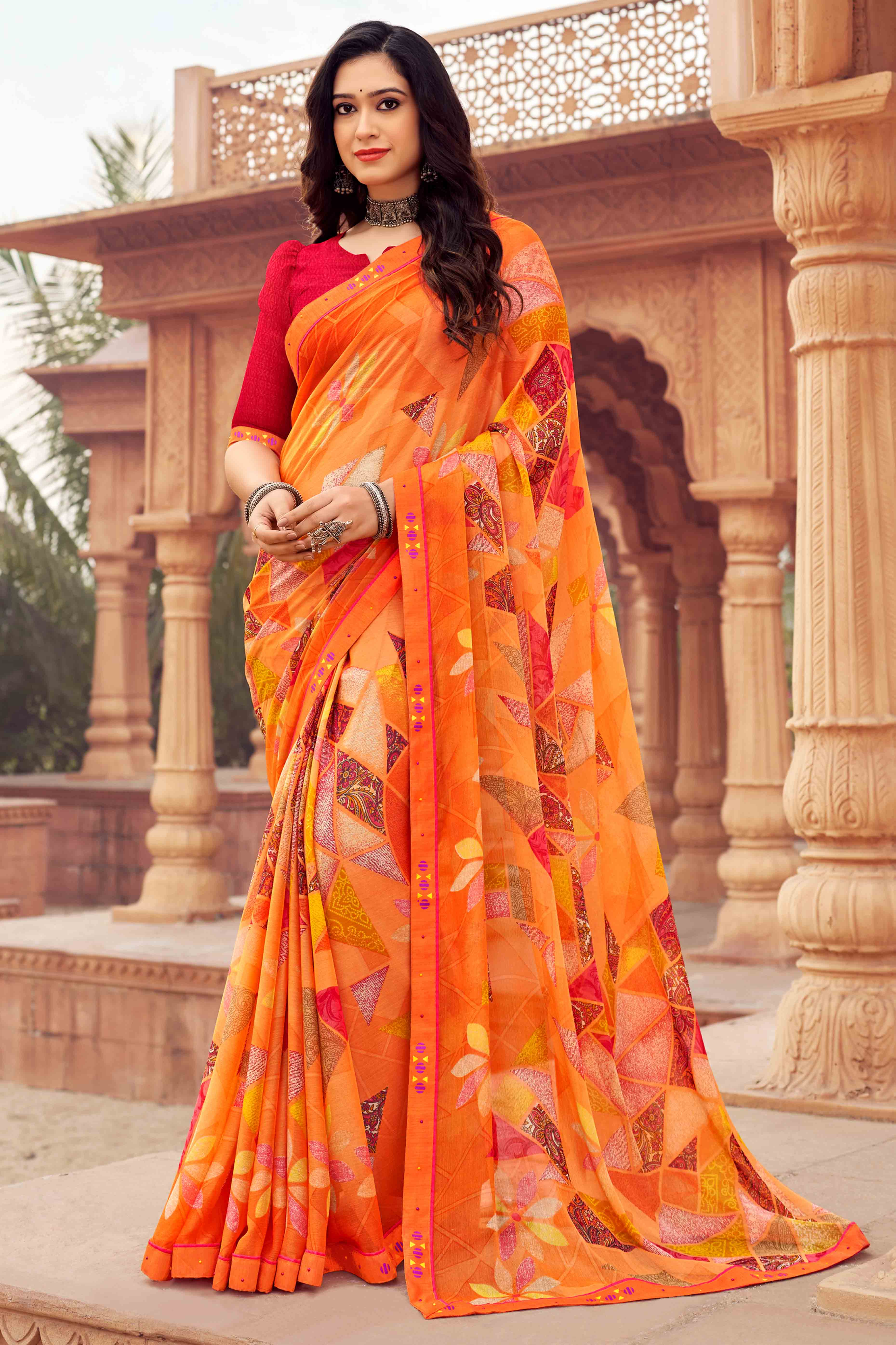 Orange Abstract Printed Chiffon Saree