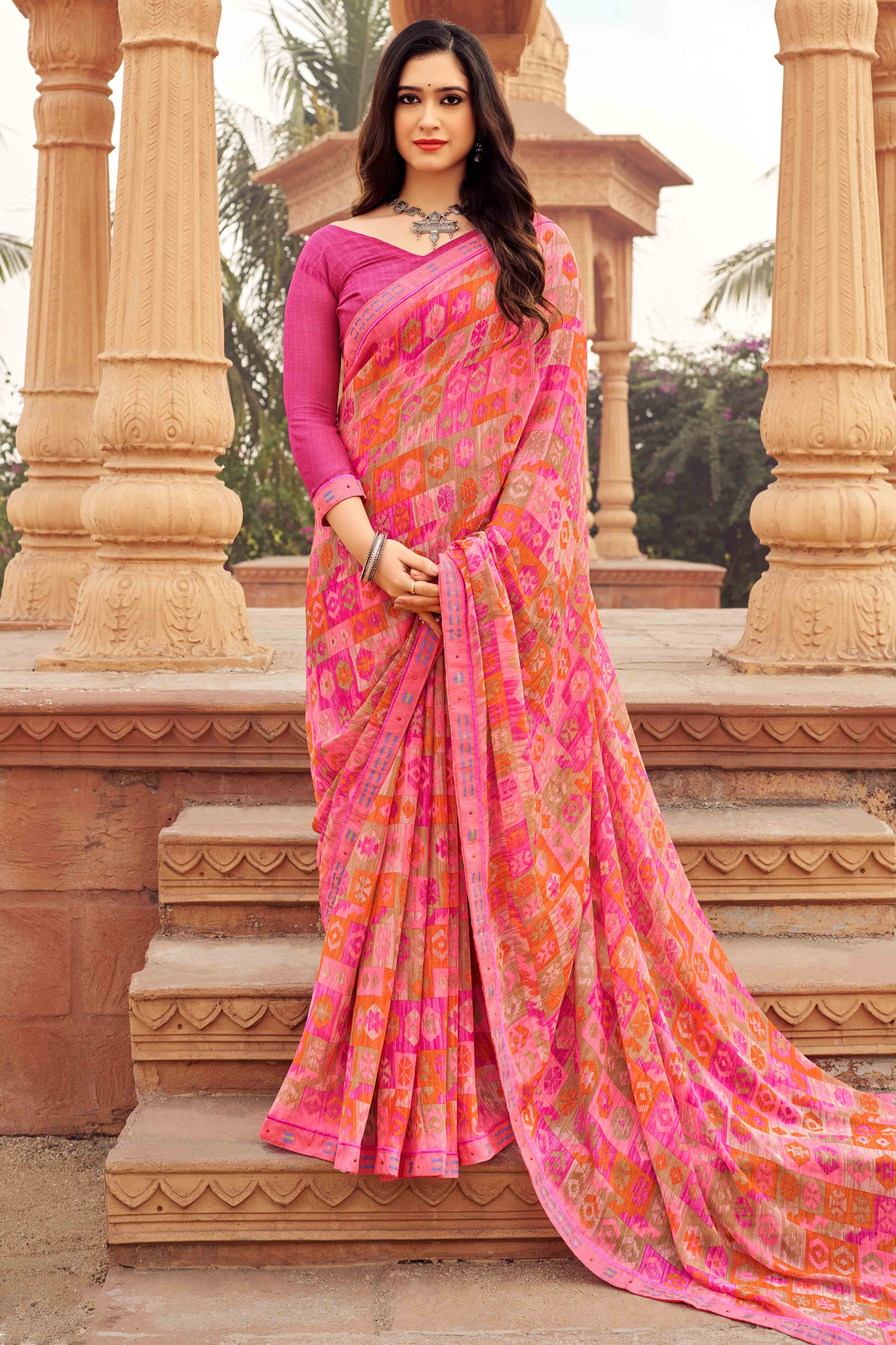 Pink Abstract Printed Chiffon Saree