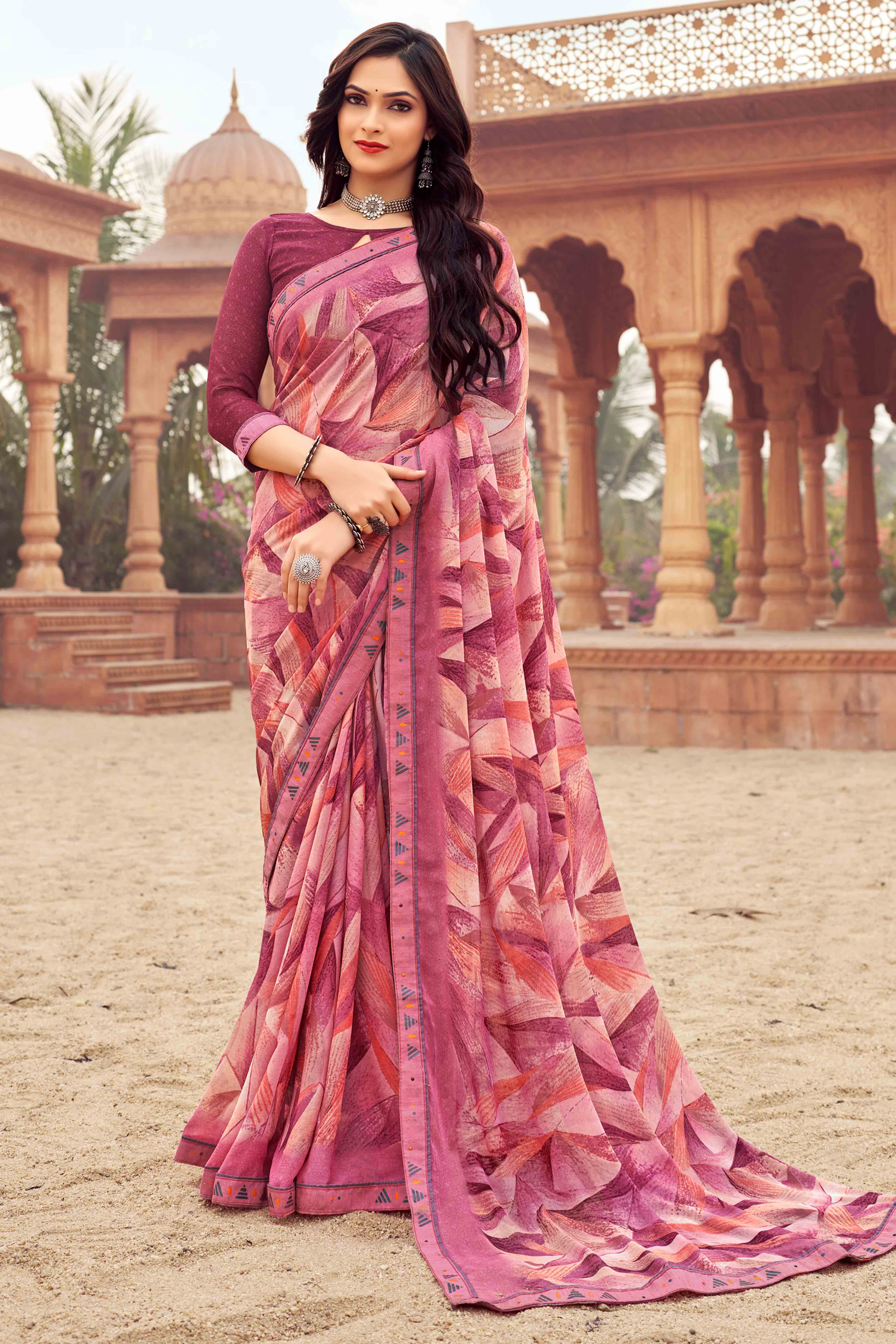 Wine Abstract Printed Chiffon Saree