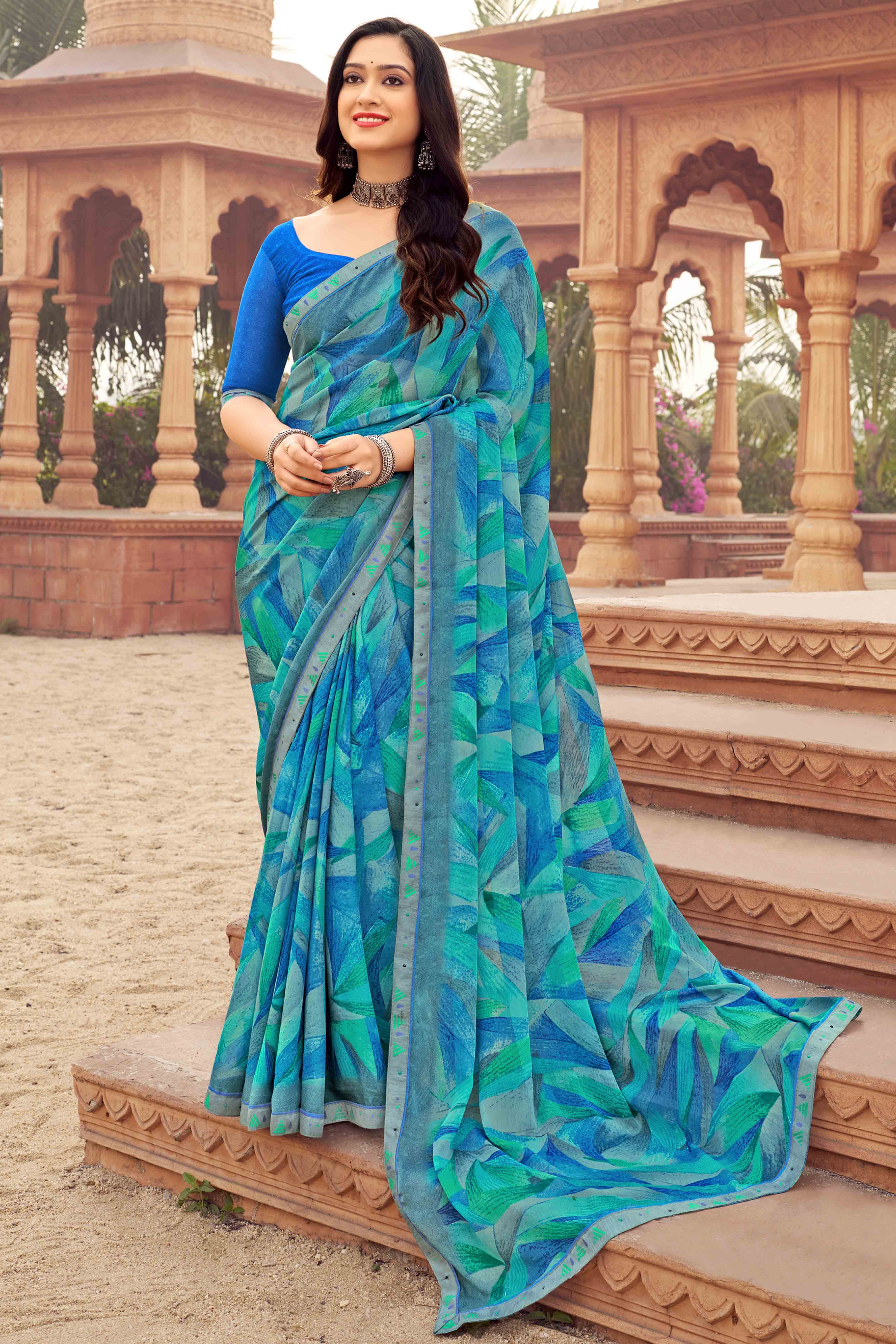 Blue Abstract Printed Chiffon Saree