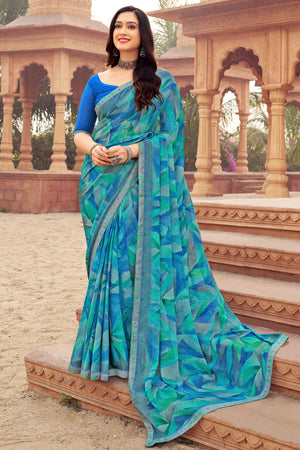 Blue Abstract Printed Chiffon Saree
