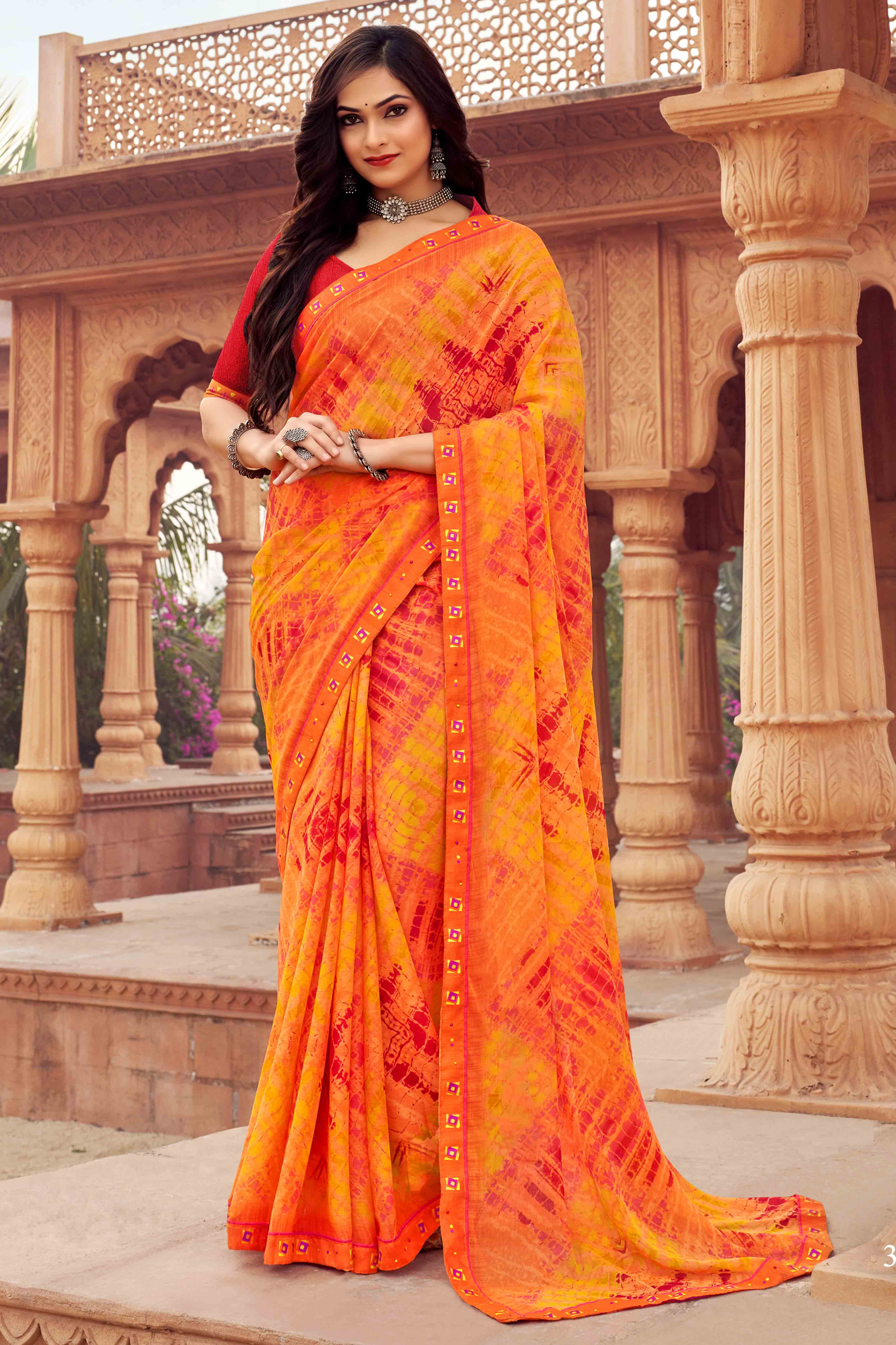 Orange Abstract Printed Chiffon Saree