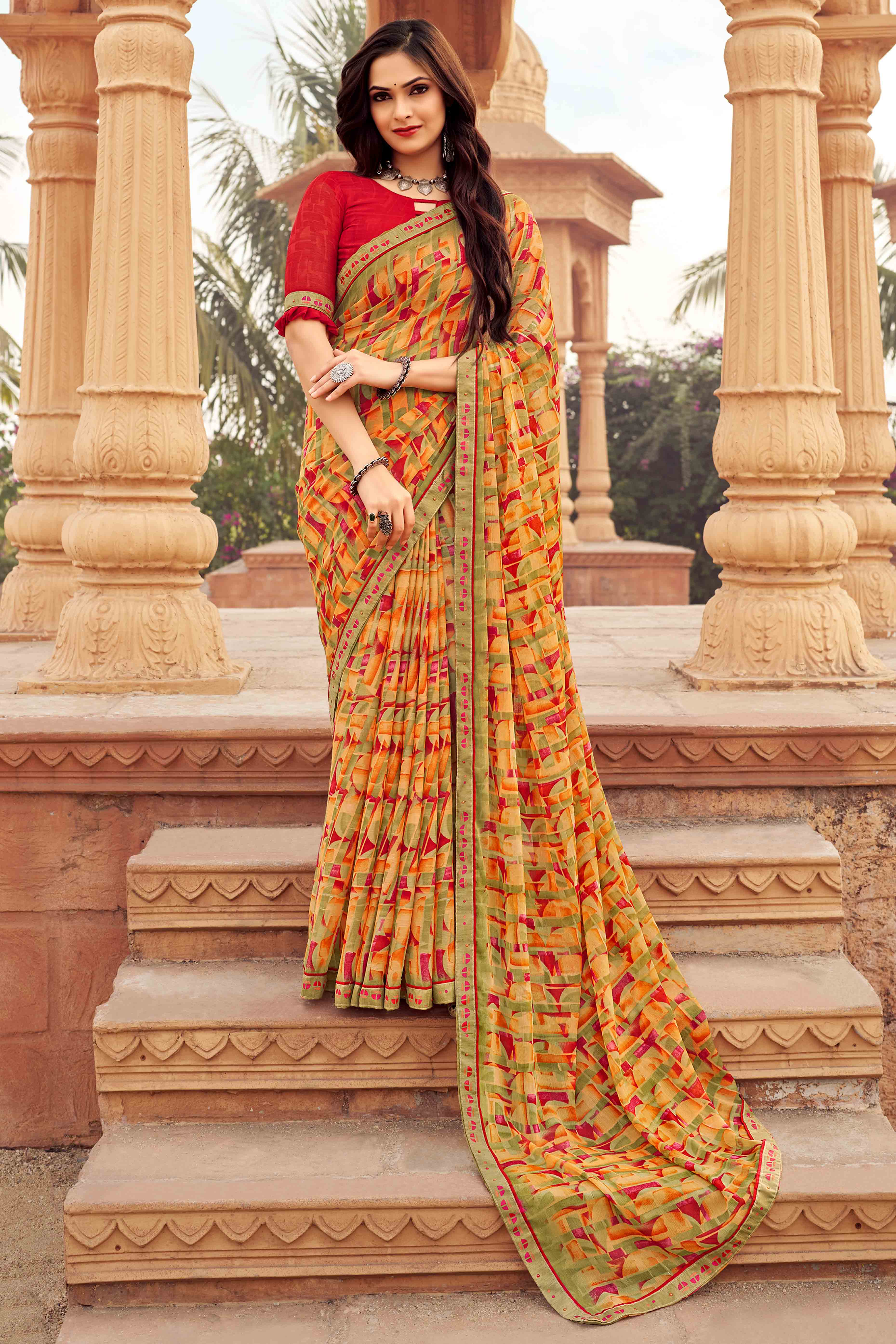 Dull Orange Abstract Printed Chiffon Saree