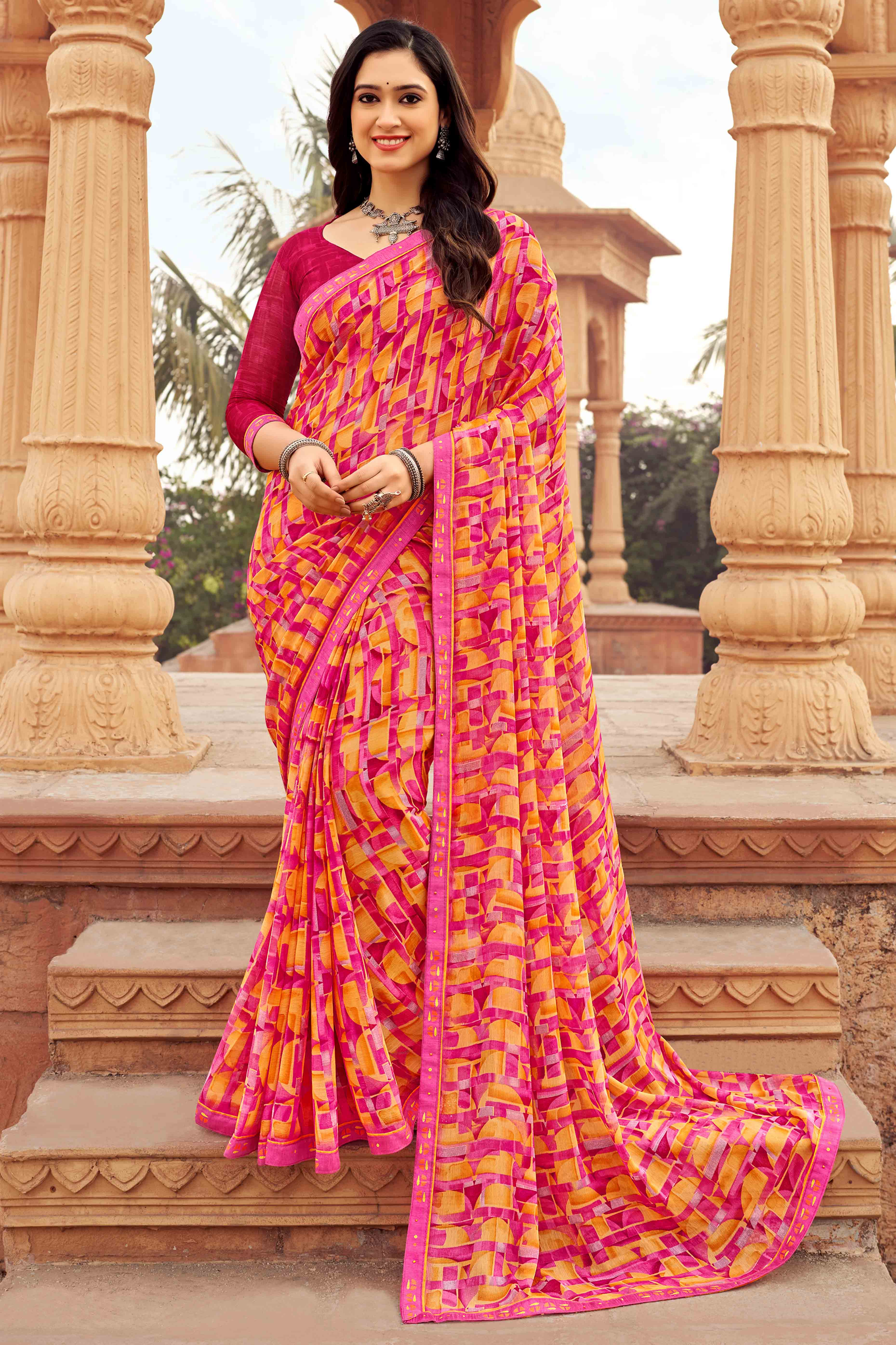 Pink Abstract Printed Chiffon Saree