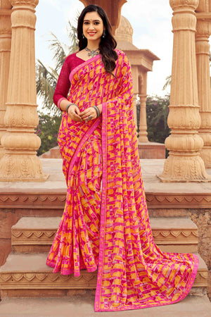 Pink Abstract Printed Chiffon Saree