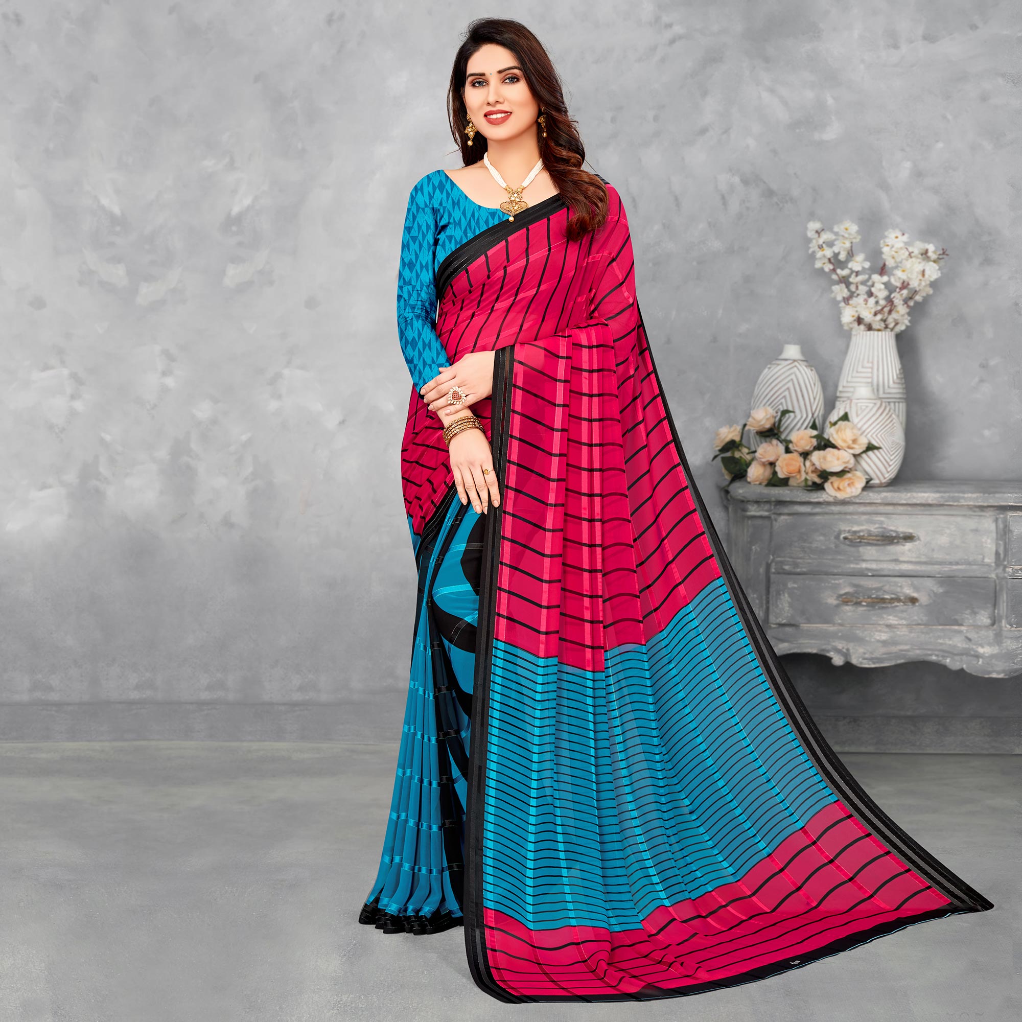 Blue & Pink Striped Printed Georgette Saree