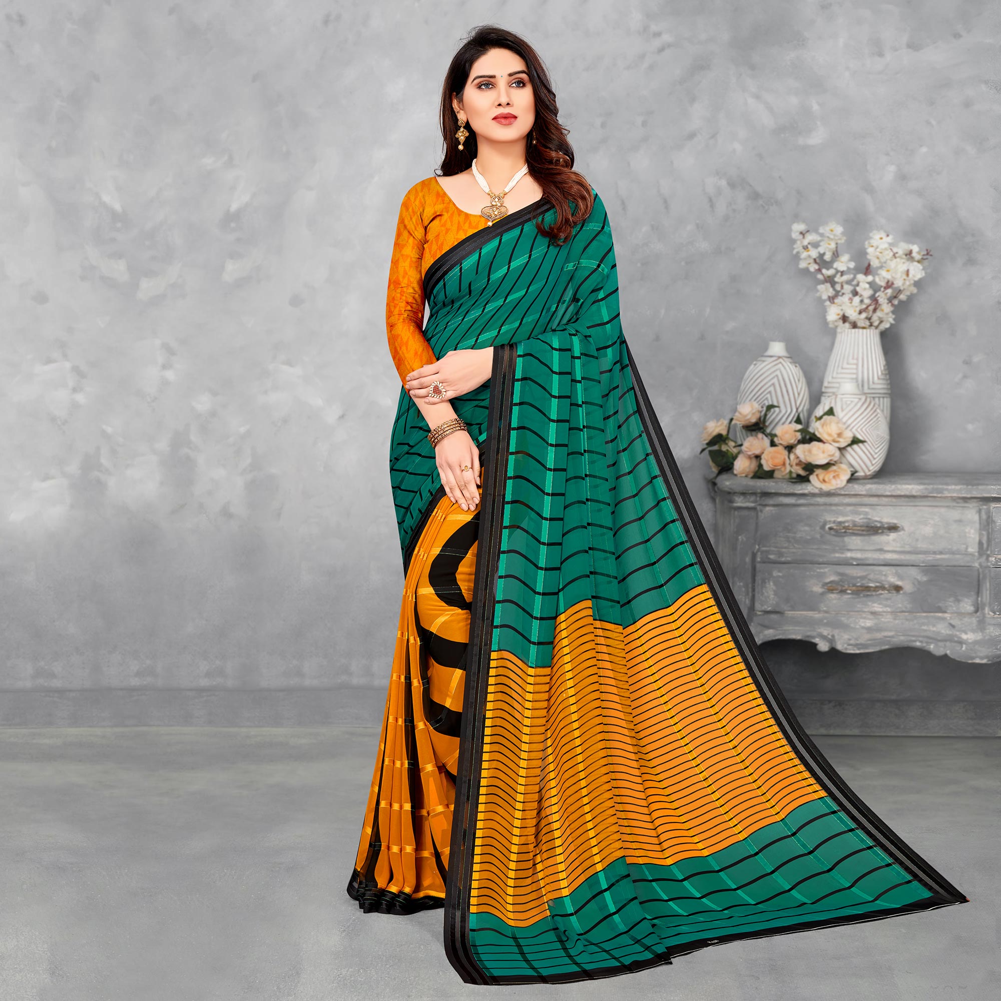 Teal & Mustard Striped Printed Georgette Saree