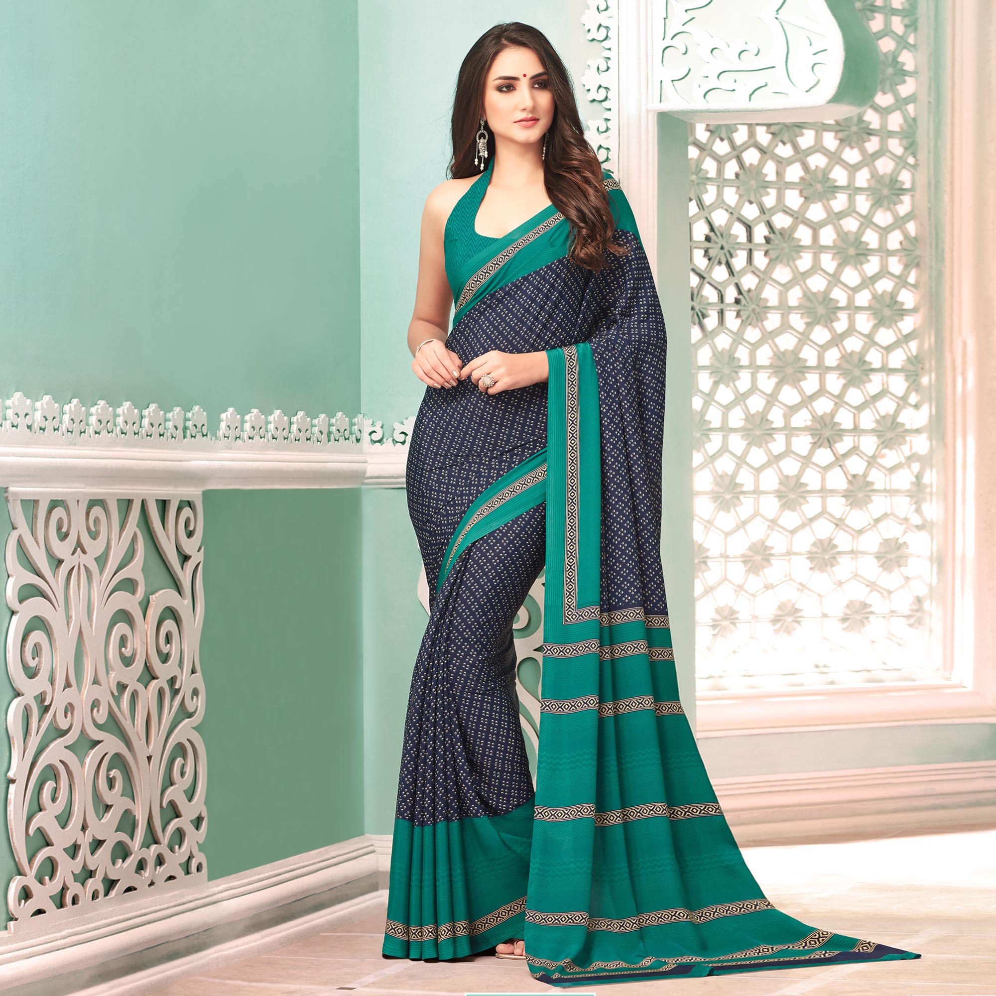 Navy blue Printed Crepe Silk Saree