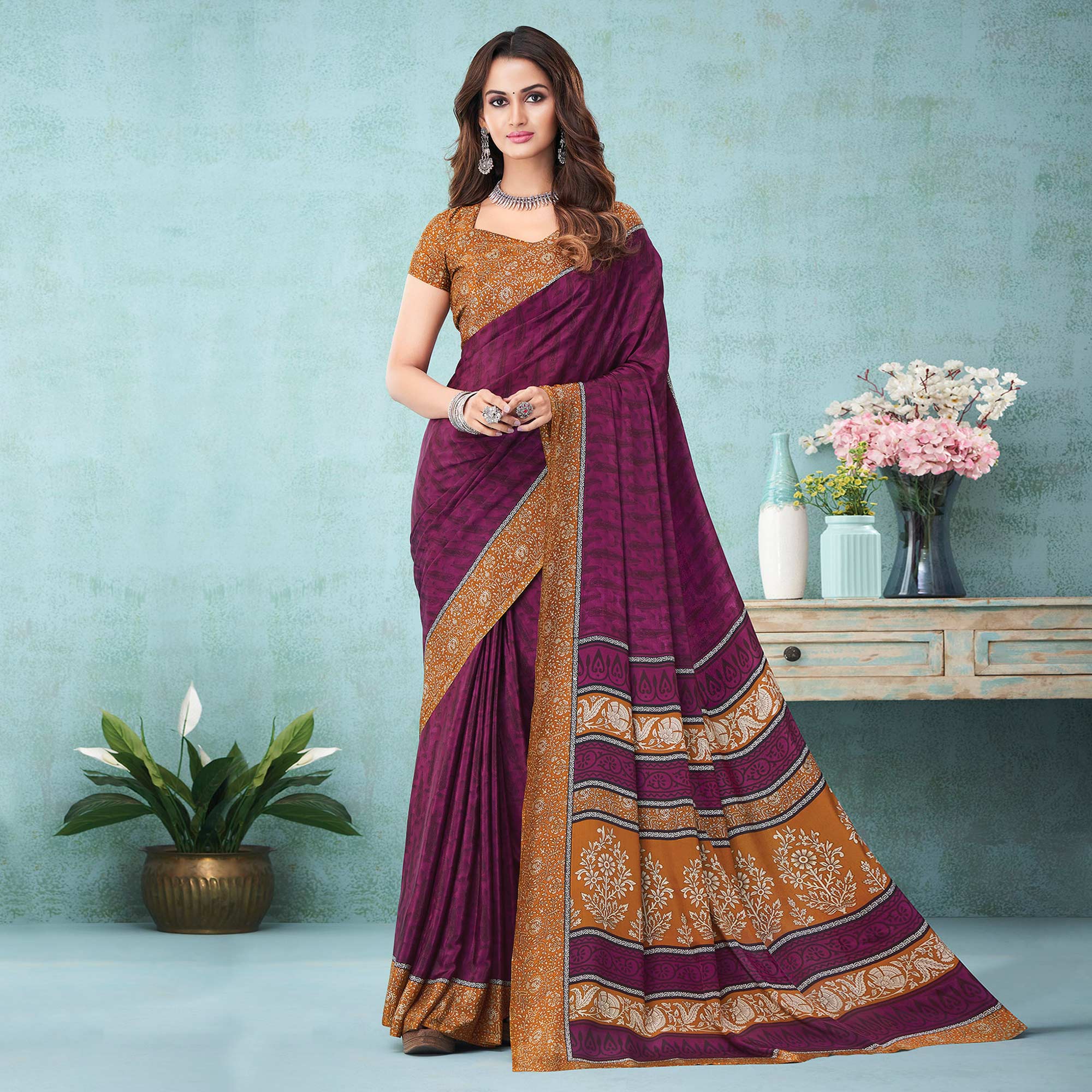 Wine Floral Printed Crepe Silk Saree