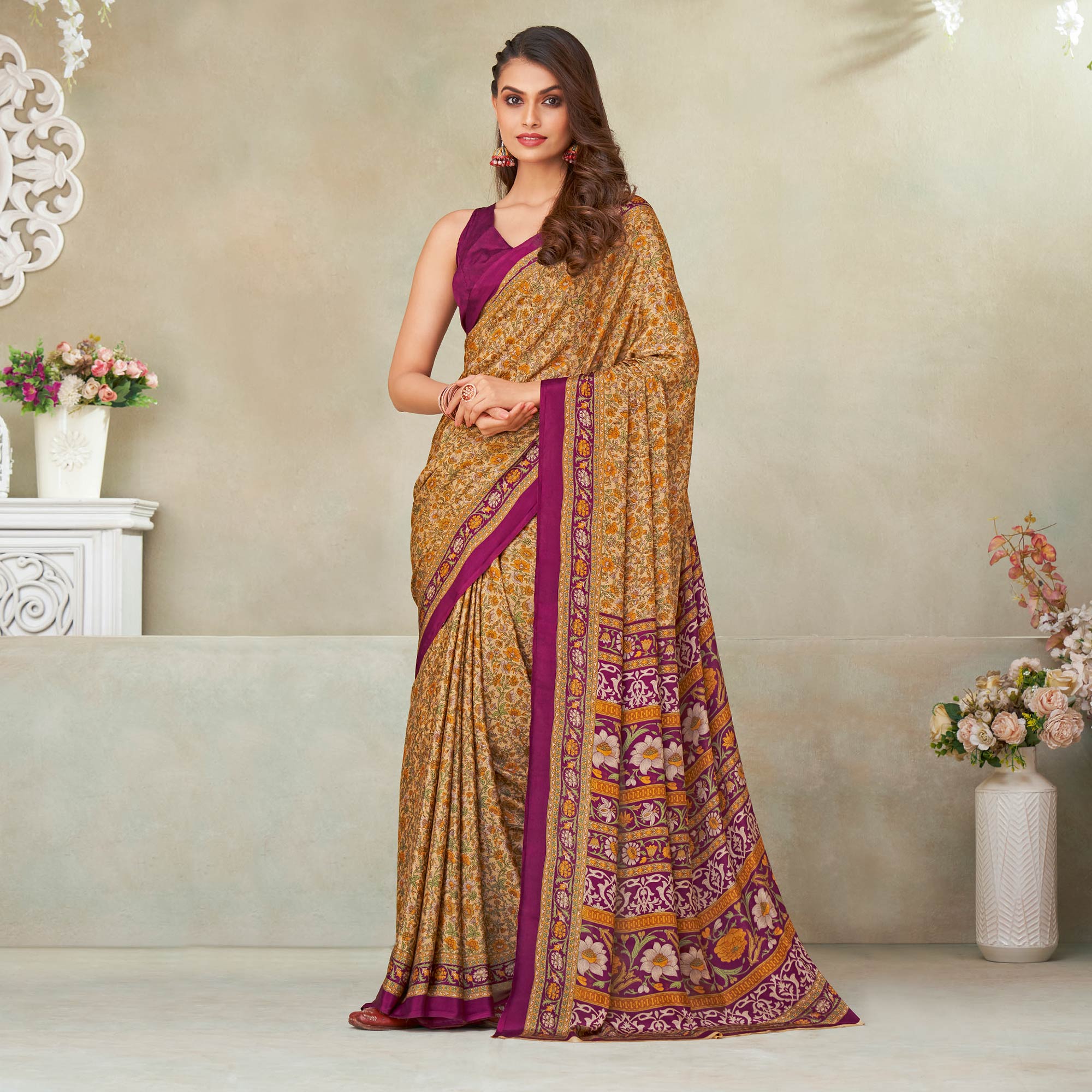 Beige & Magenta Floral Printed Crepe Saree