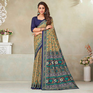 Beige & Navy Blue Floral Printed Crepe Saree