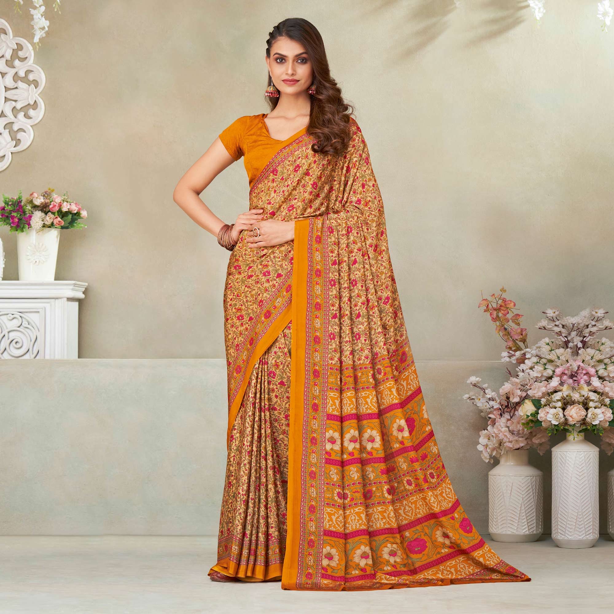 Beige & Mustard Floral Printed Crepe Saree