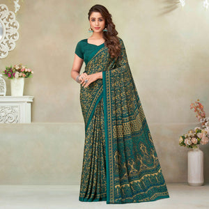 Beige & Bottle Green Printed Crepe Saree