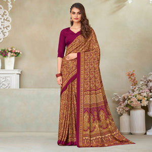 Beige & Magenta Printed Crepe Saree
