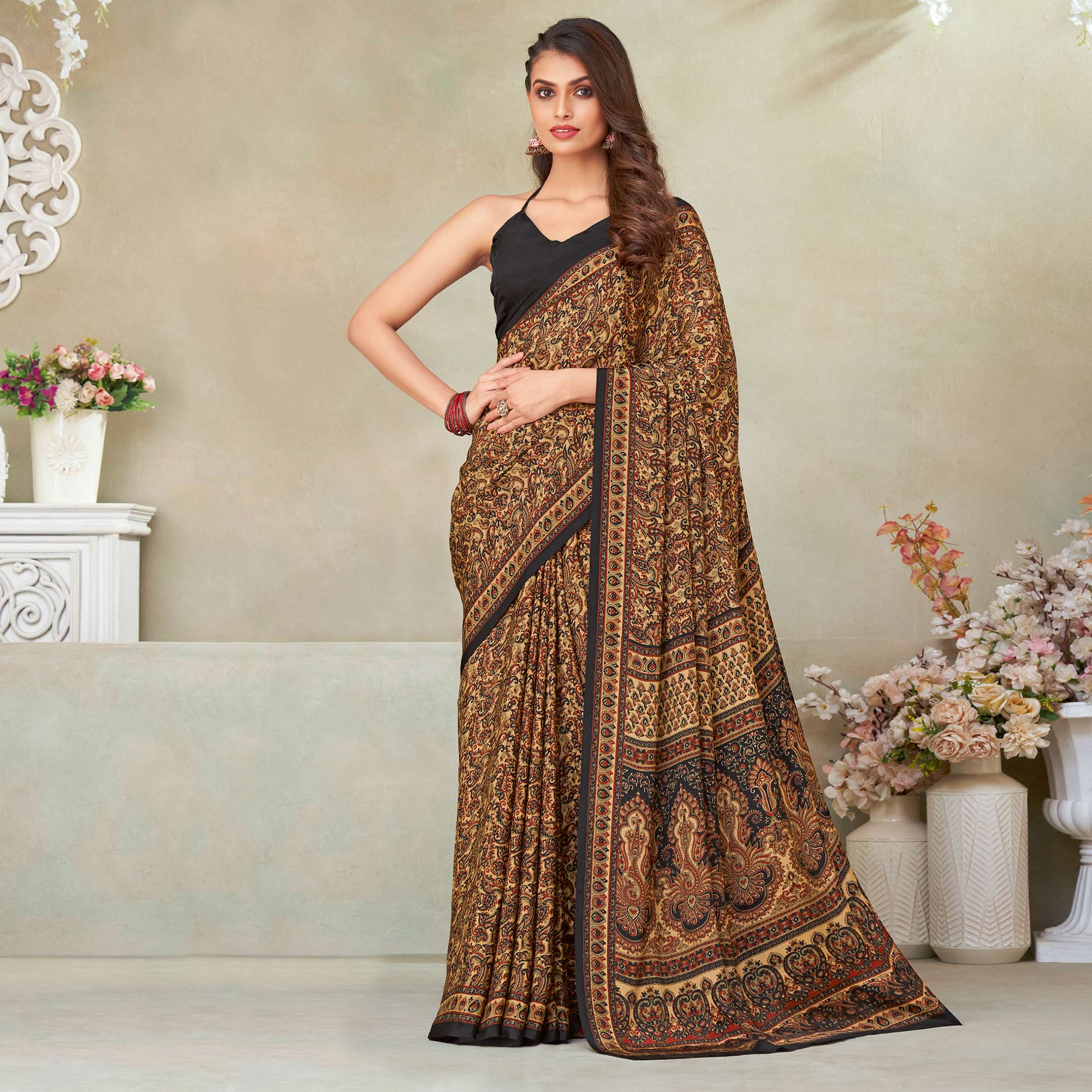 Beige & Black Printed Crepe Saree