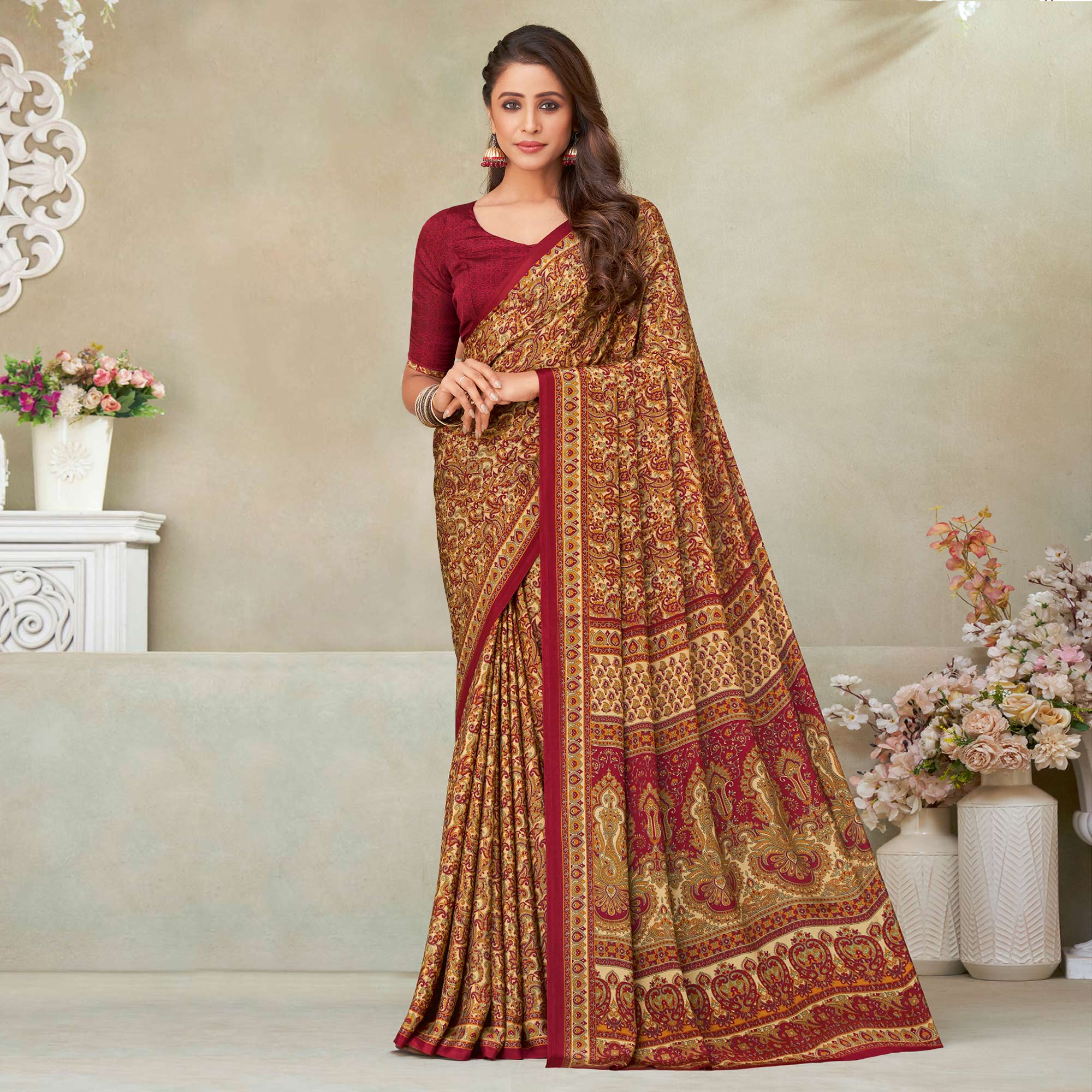 Beige & Maroon Printed Crepe Saree