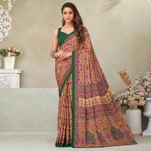 Beige & Green Floral Printed Crepe Saree