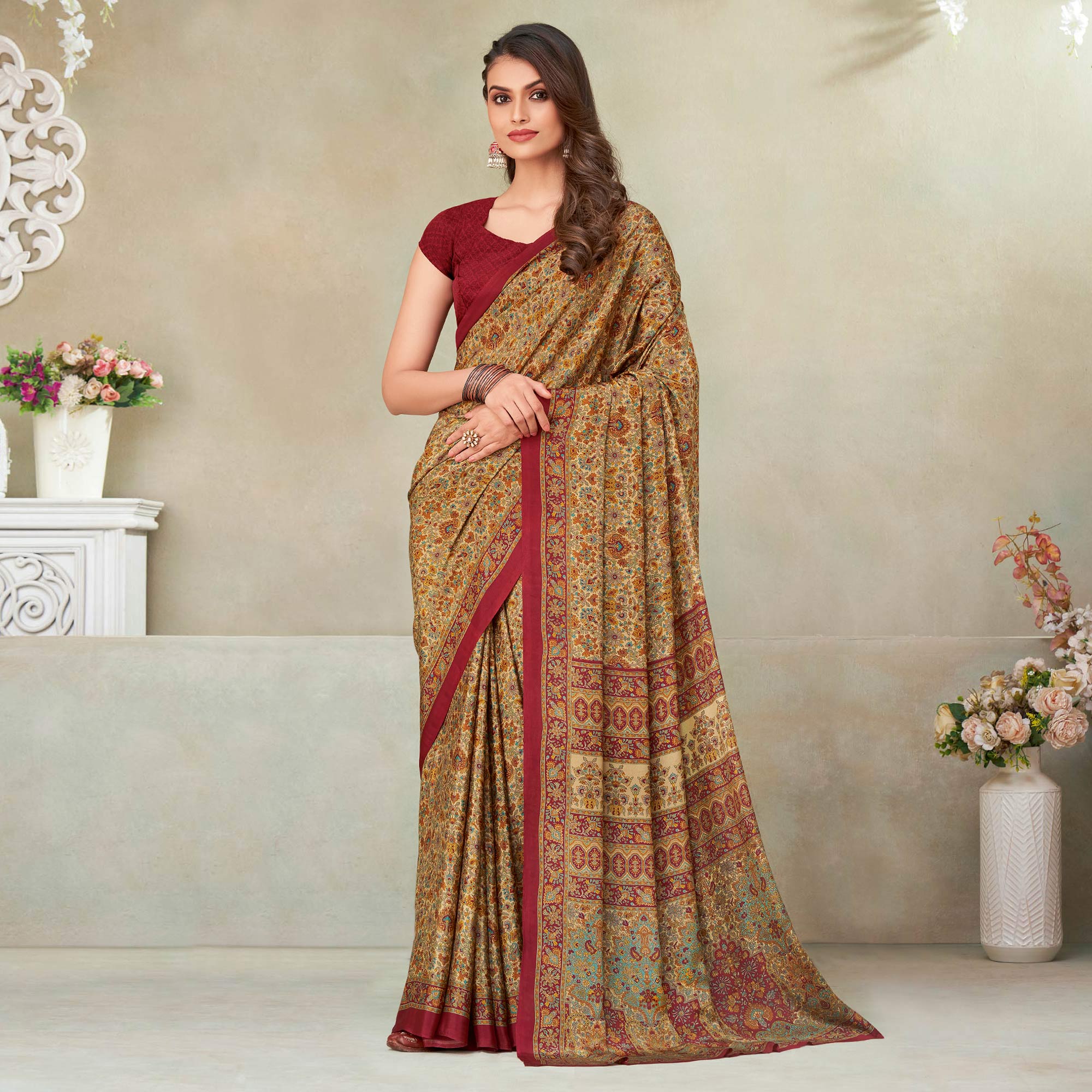 Beige & Maroon Floral Printed Crepe Saree