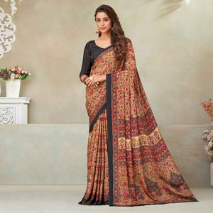 Beige & Black Floral Printed Crepe Saree