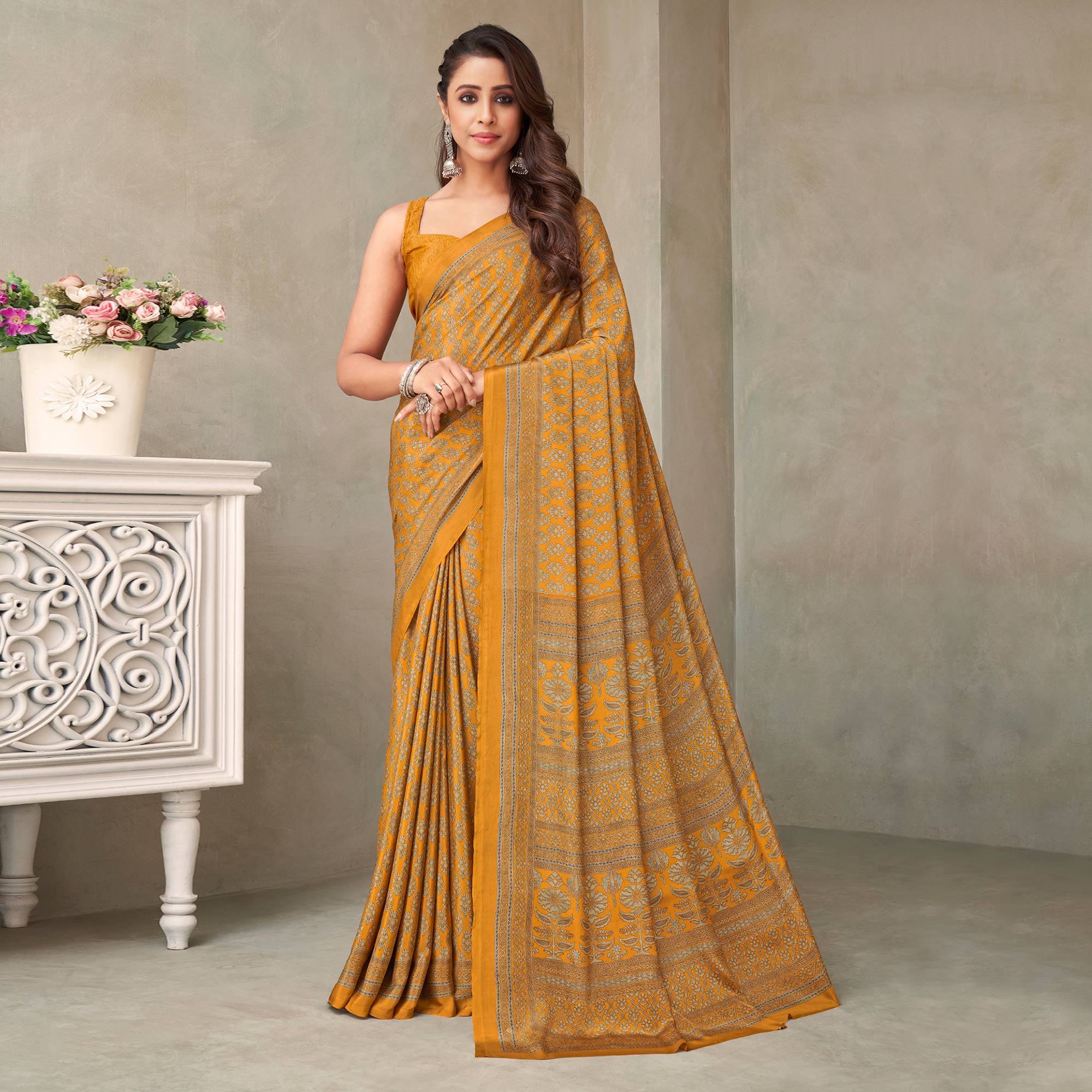 Mustard Floral Printed Crepe Saree