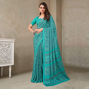 Turquoise Printed Crepe Saree