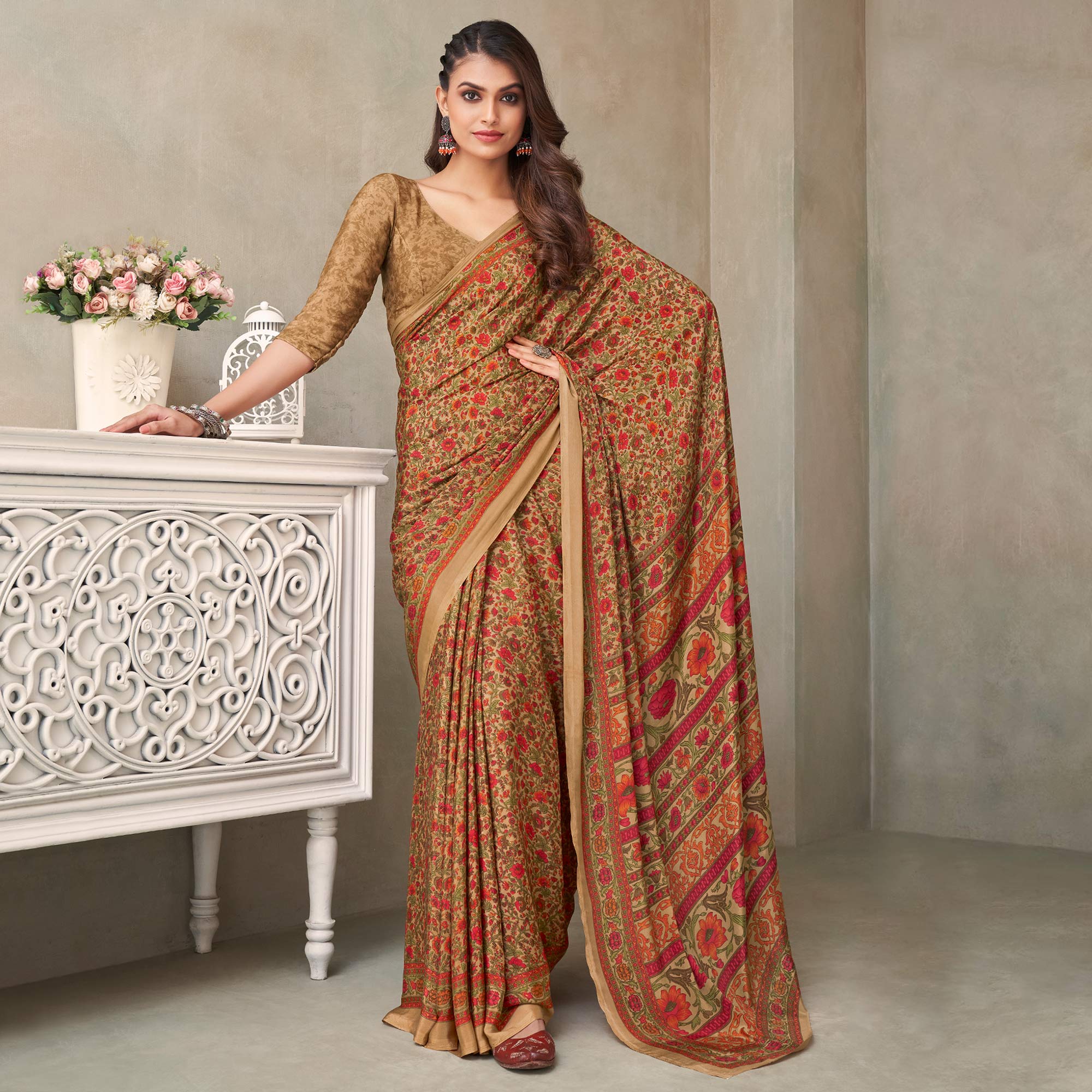 Beige Floral Printed Crepe Saree