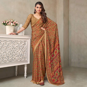 Beige Floral Printed Crepe Saree