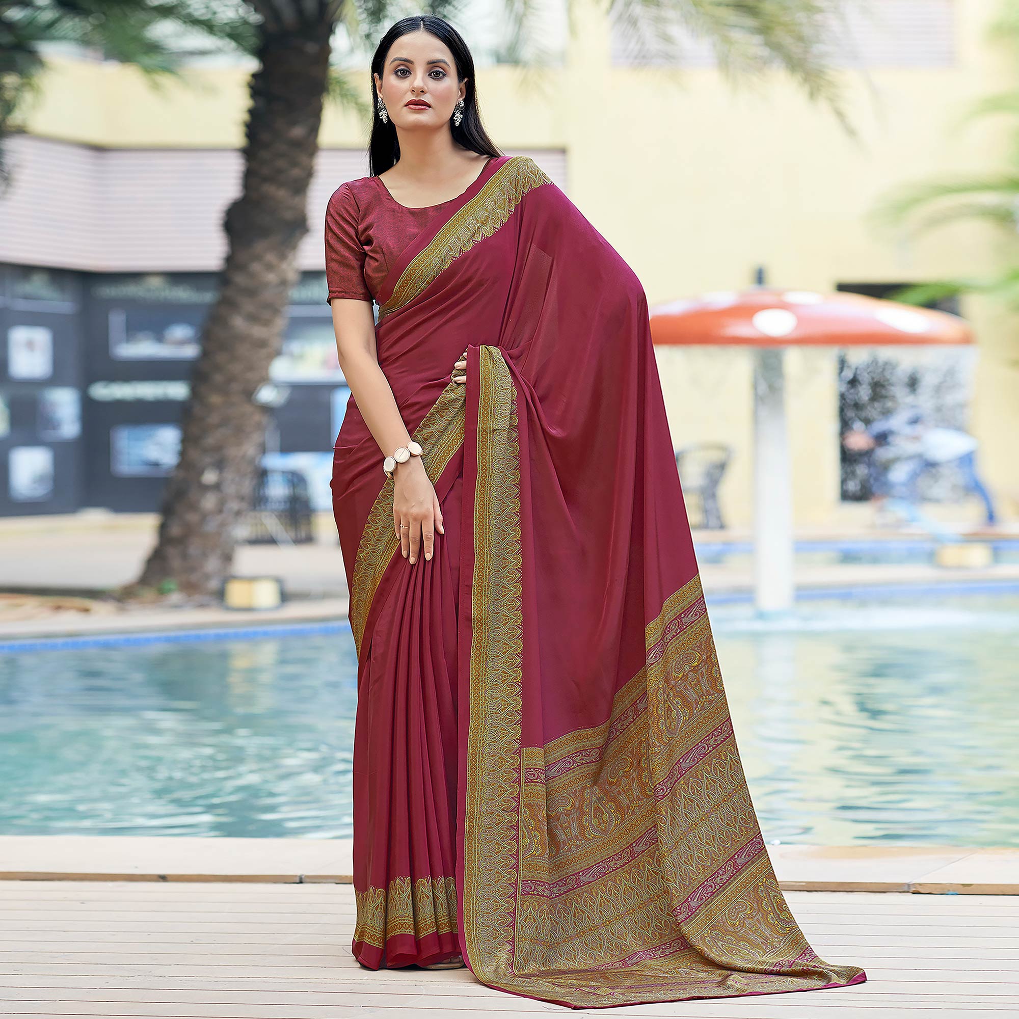 Maroon Printed Crepe Silk Saree