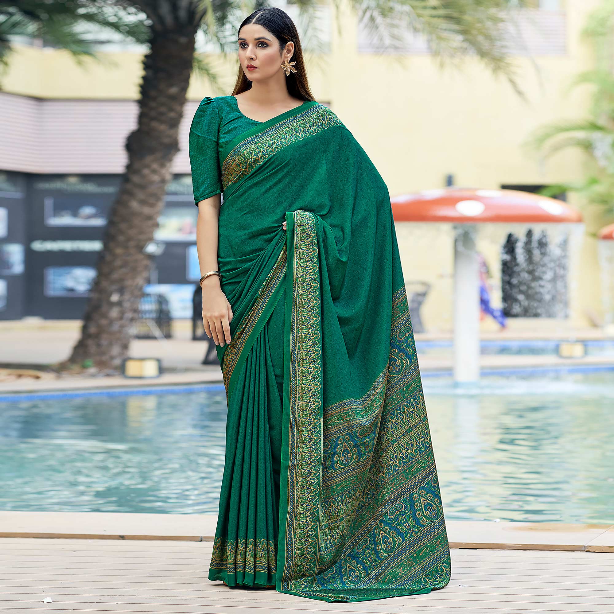 Green Printed Crepe Silk Saree