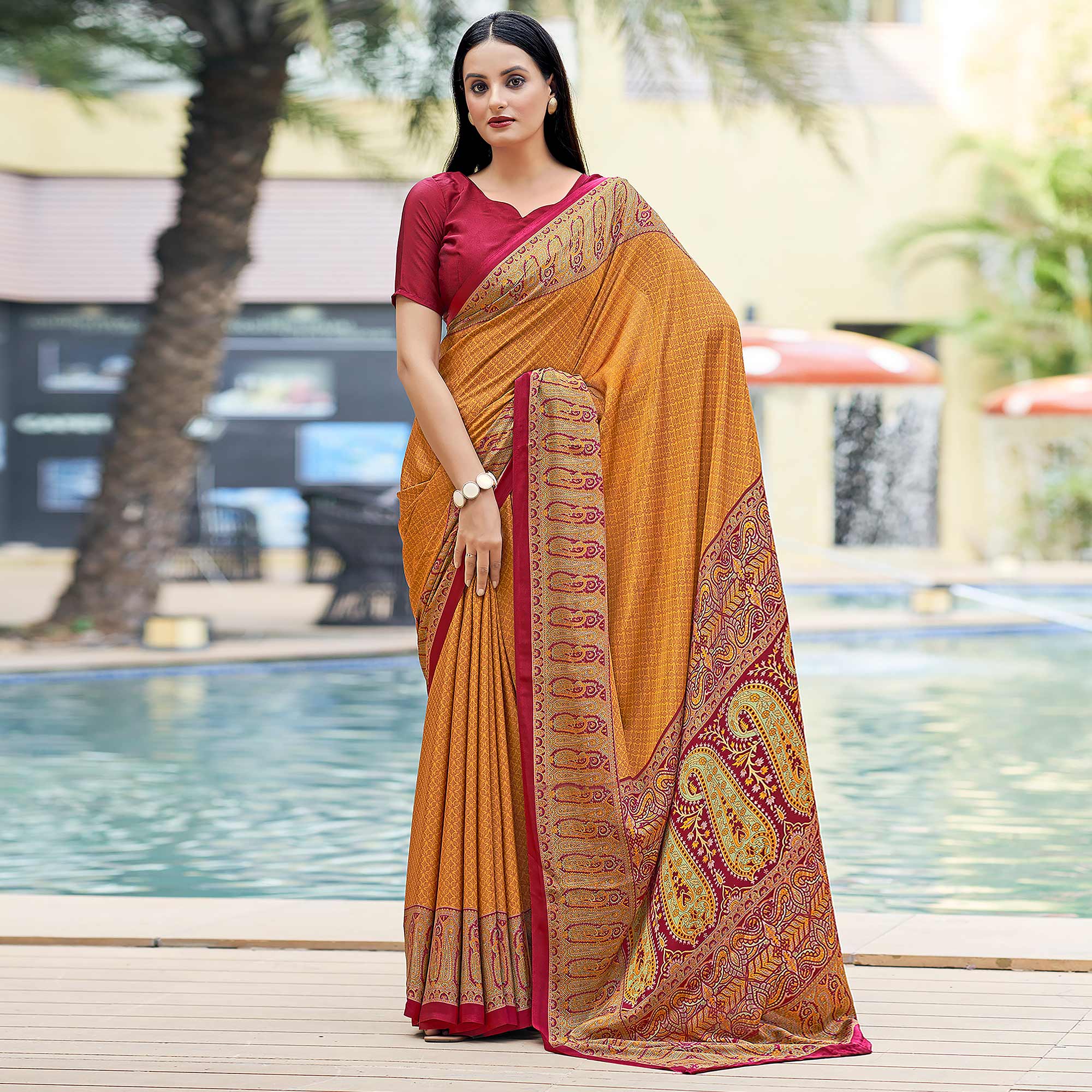 Mustard Printed Crepe Silk Saree
