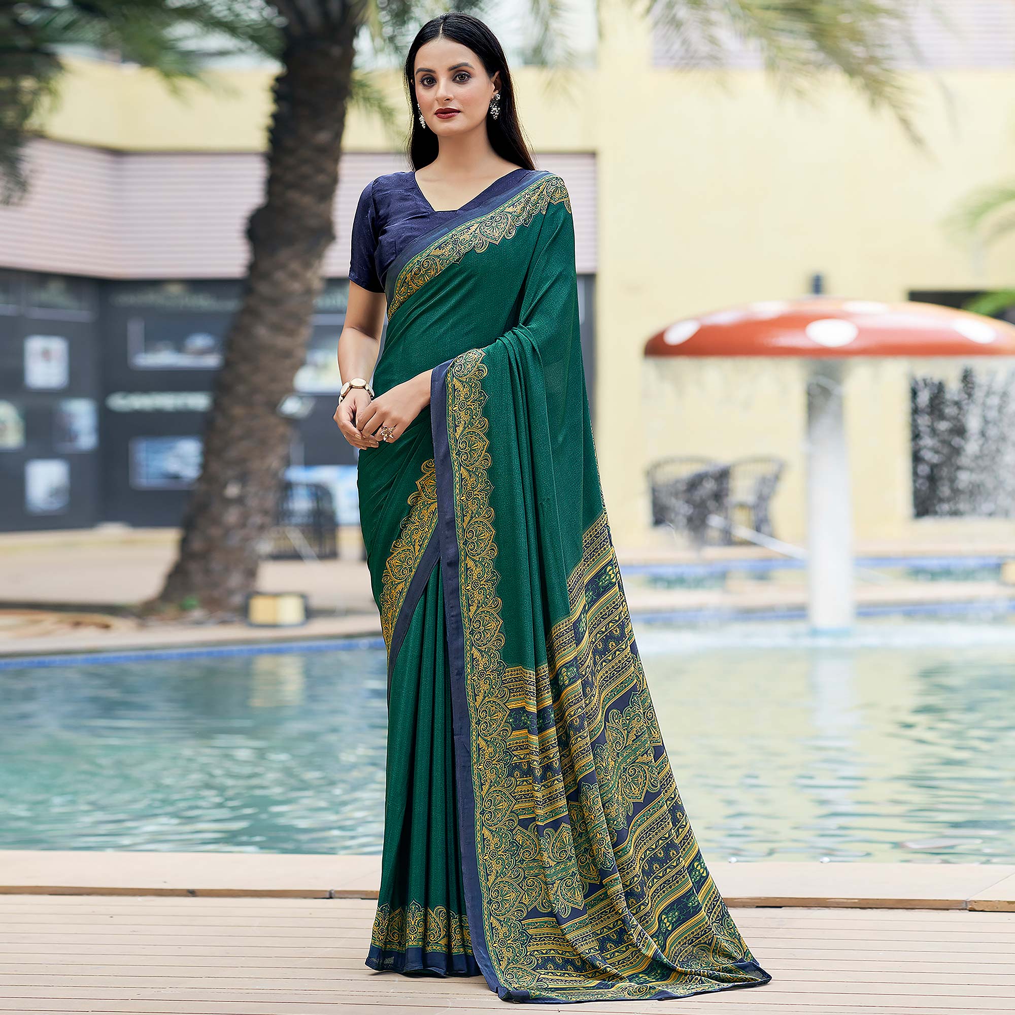 Green Printed Crepe Silk Saree