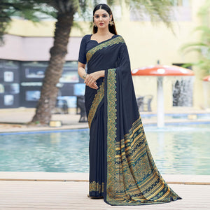 Navy Blue Printed Crepe Silk Saree
