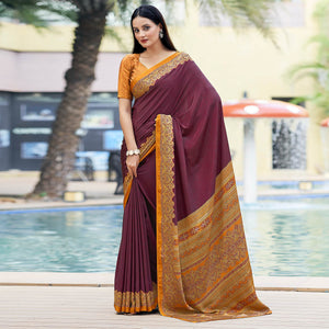 Wine Printed Crepe Silk Saree