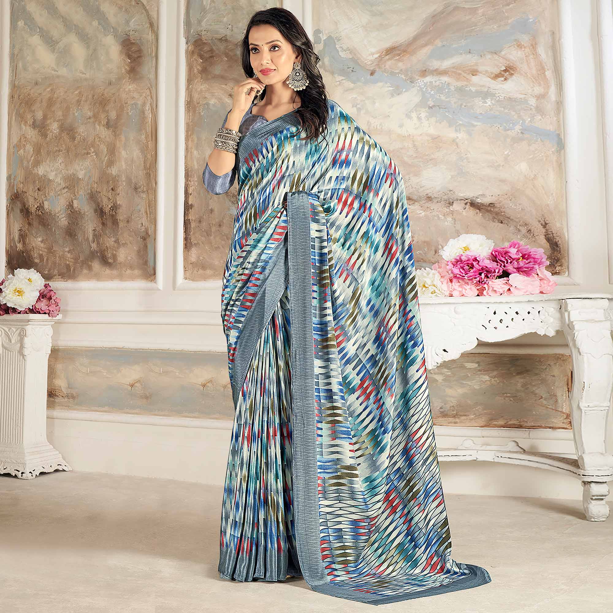 Grey Printed Crepe Silk Saree
