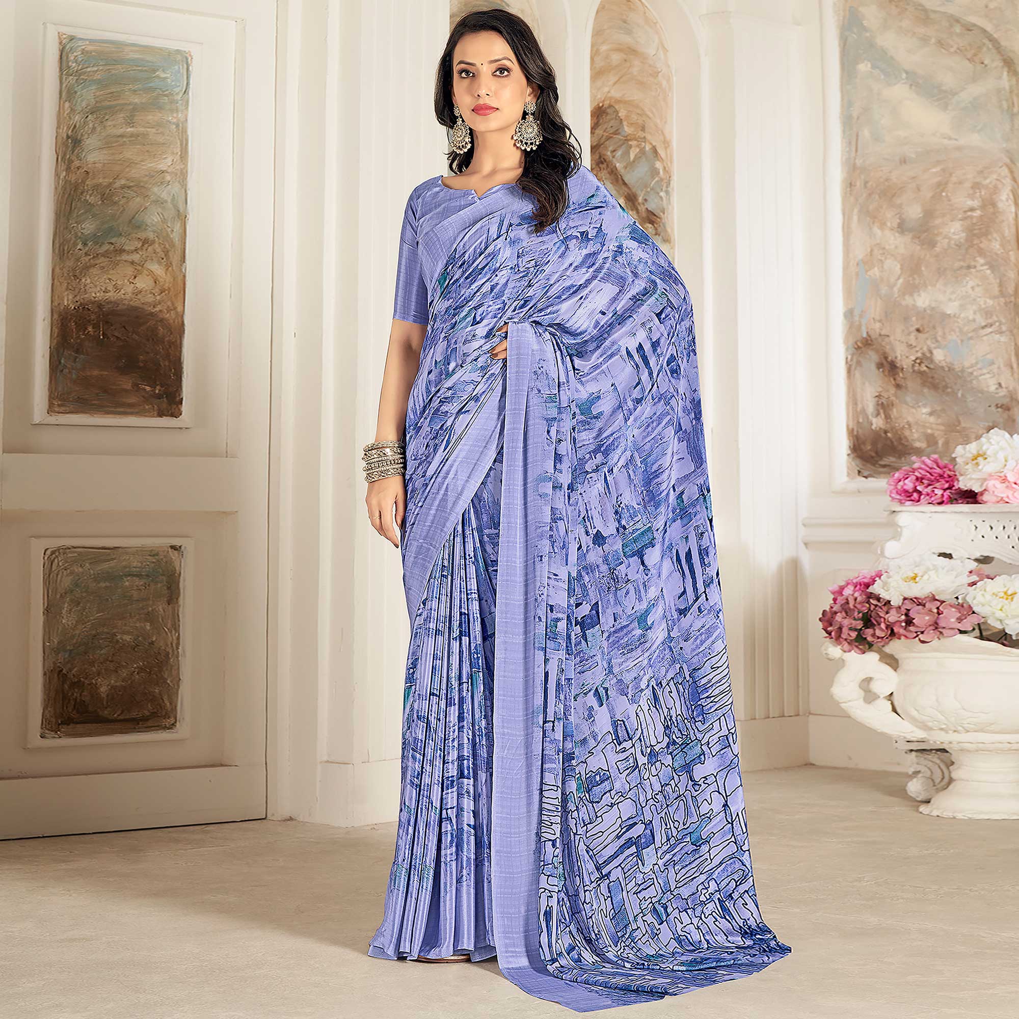 Blue Printed Crepe Silk Saree