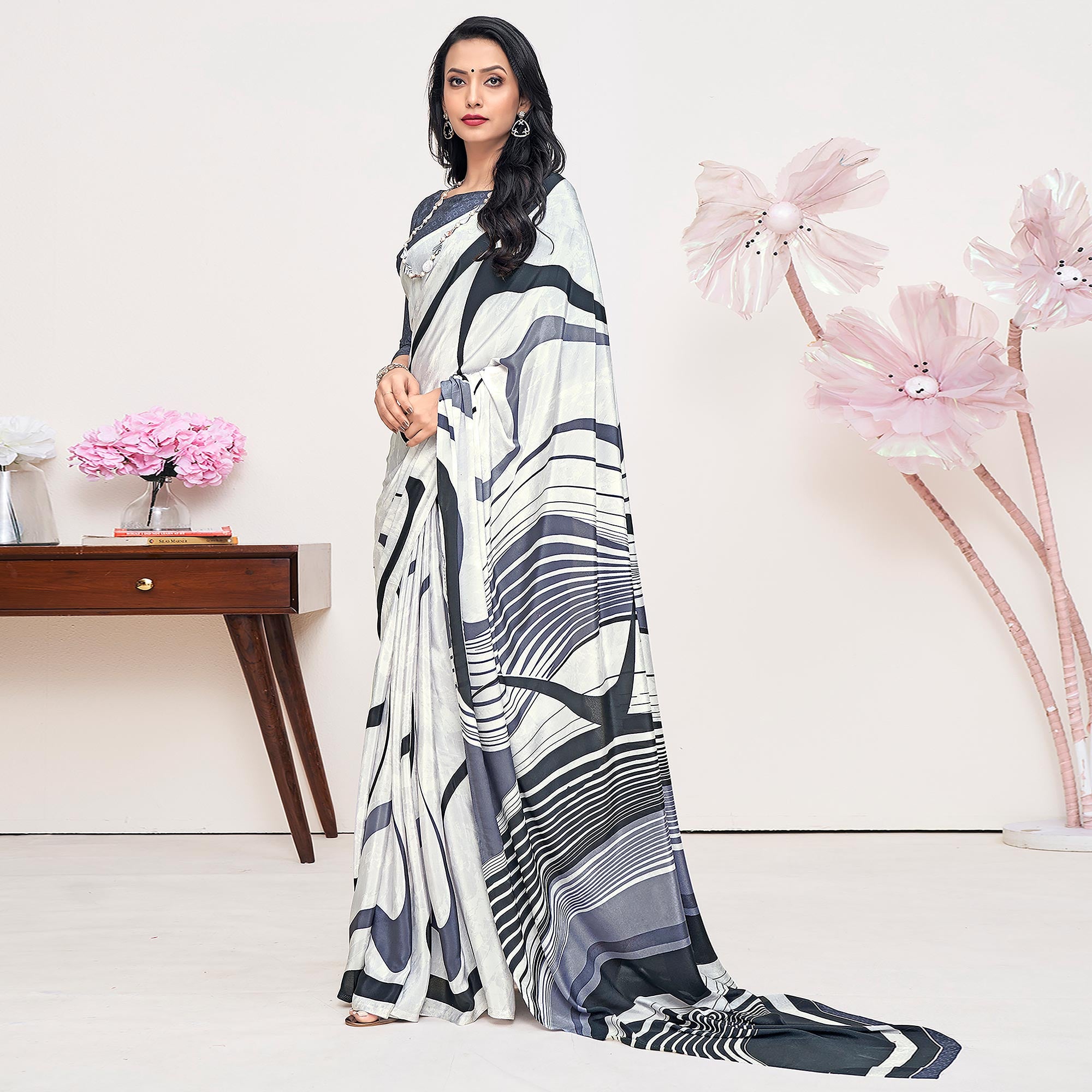 White Printed Crepe Saree