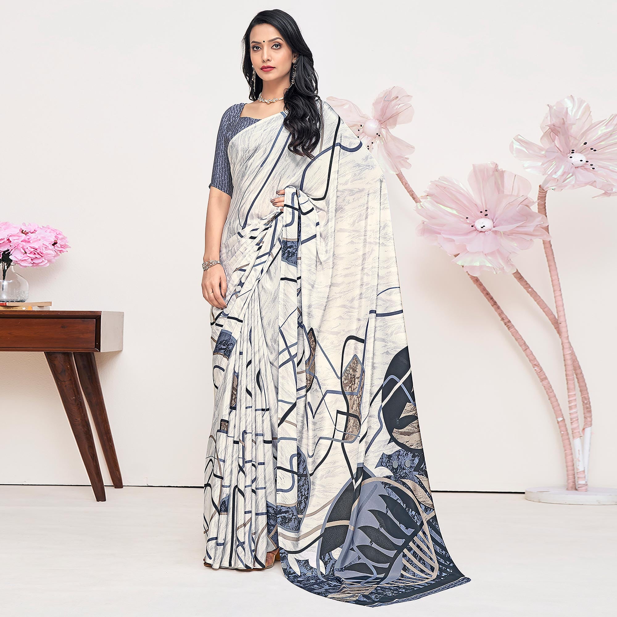White Printed Crepe Saree