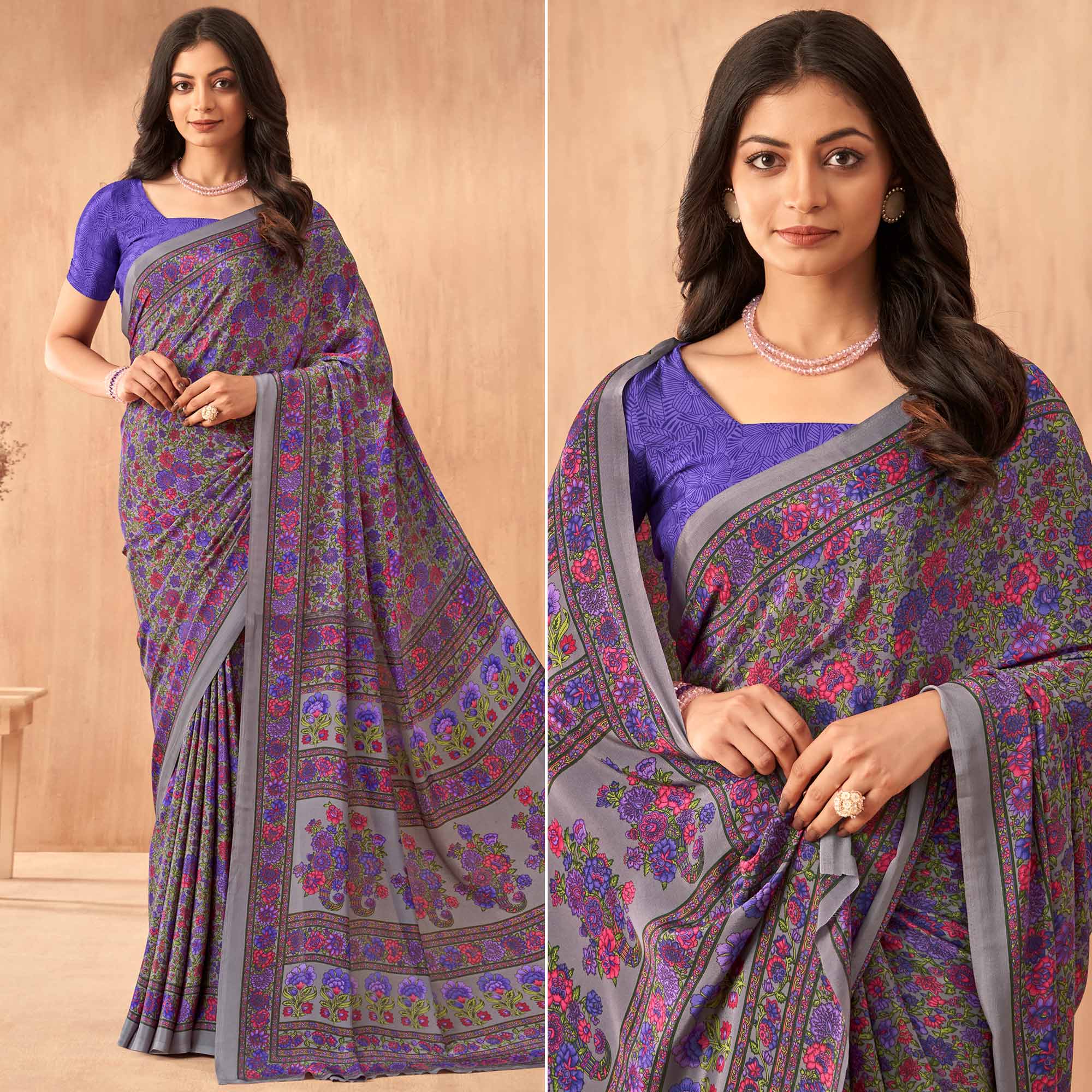 Purple Floral Printed Crepe Saree