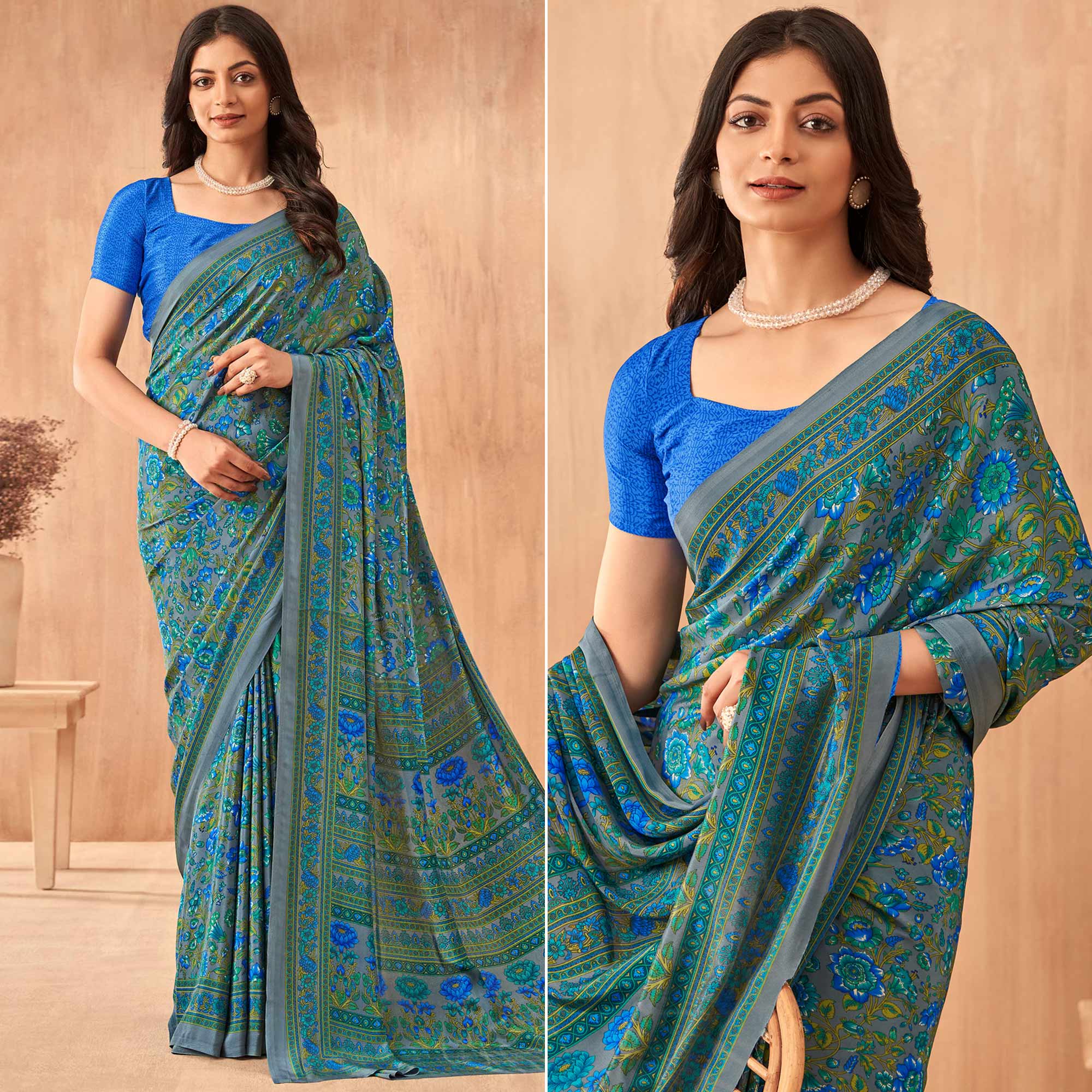 Teal Floral Printed Crepe Saree
