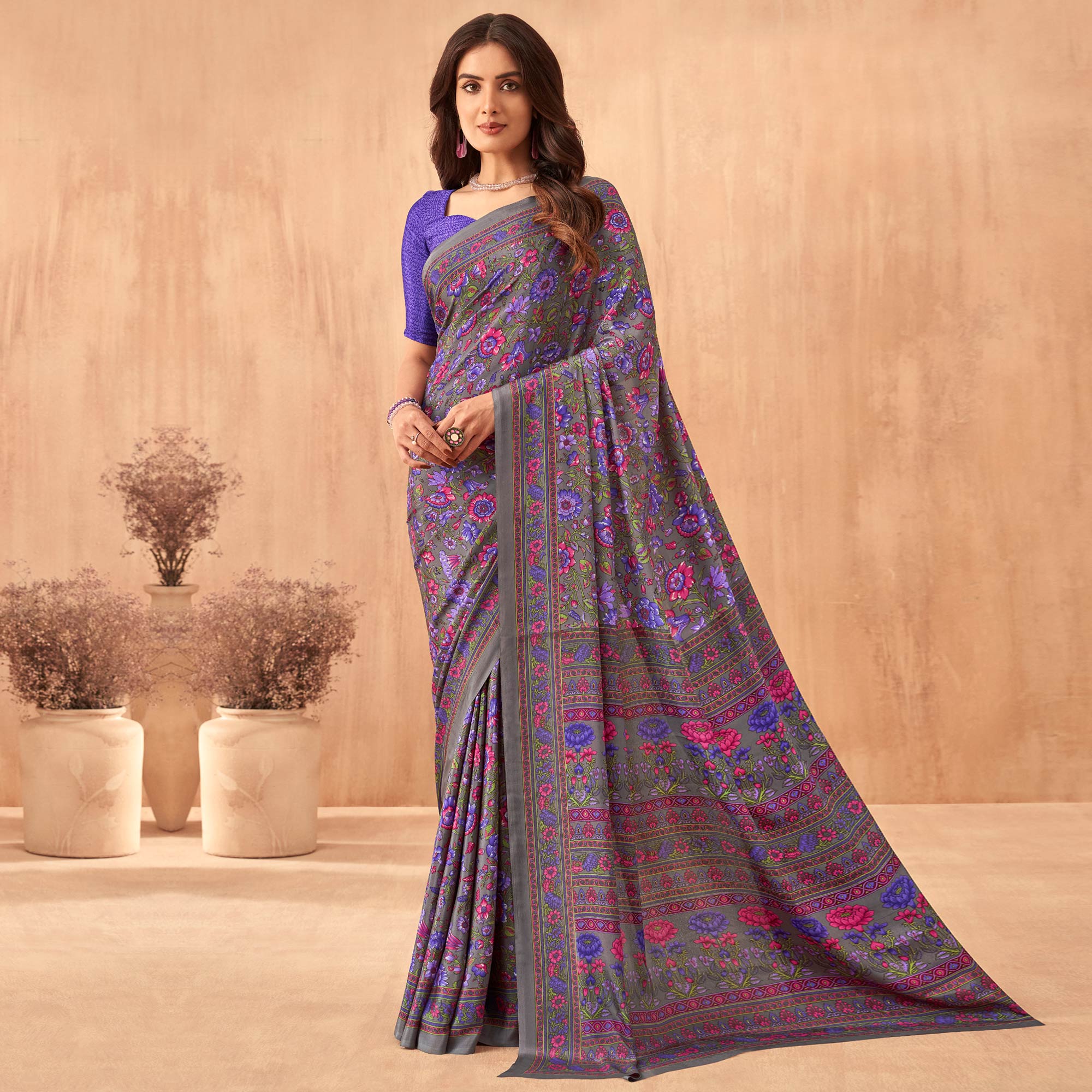 Purple Floral Printed Crepe Saree