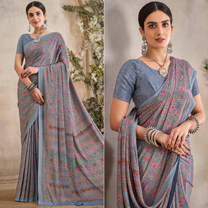 Grey Crepe Silk Floral Printed Saree